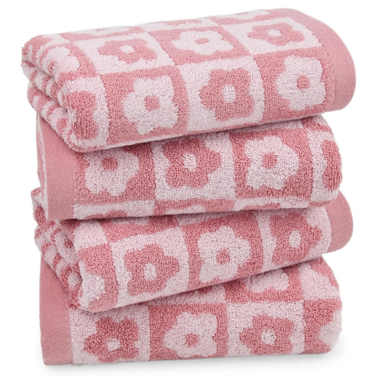 Checkered Floral Cotton Bathroom Hand Towels Set of 4 - 29” x 13”