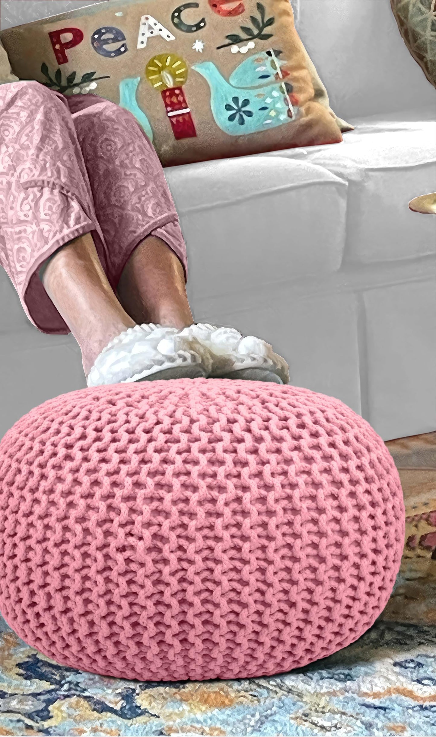 Hand-Knitted Cotton Round Pouf – Braid Cord Ottoman, Footrest, and Accent Seat for Living Room, Nursery, Kids Room, or Dorm Décor – 20x14