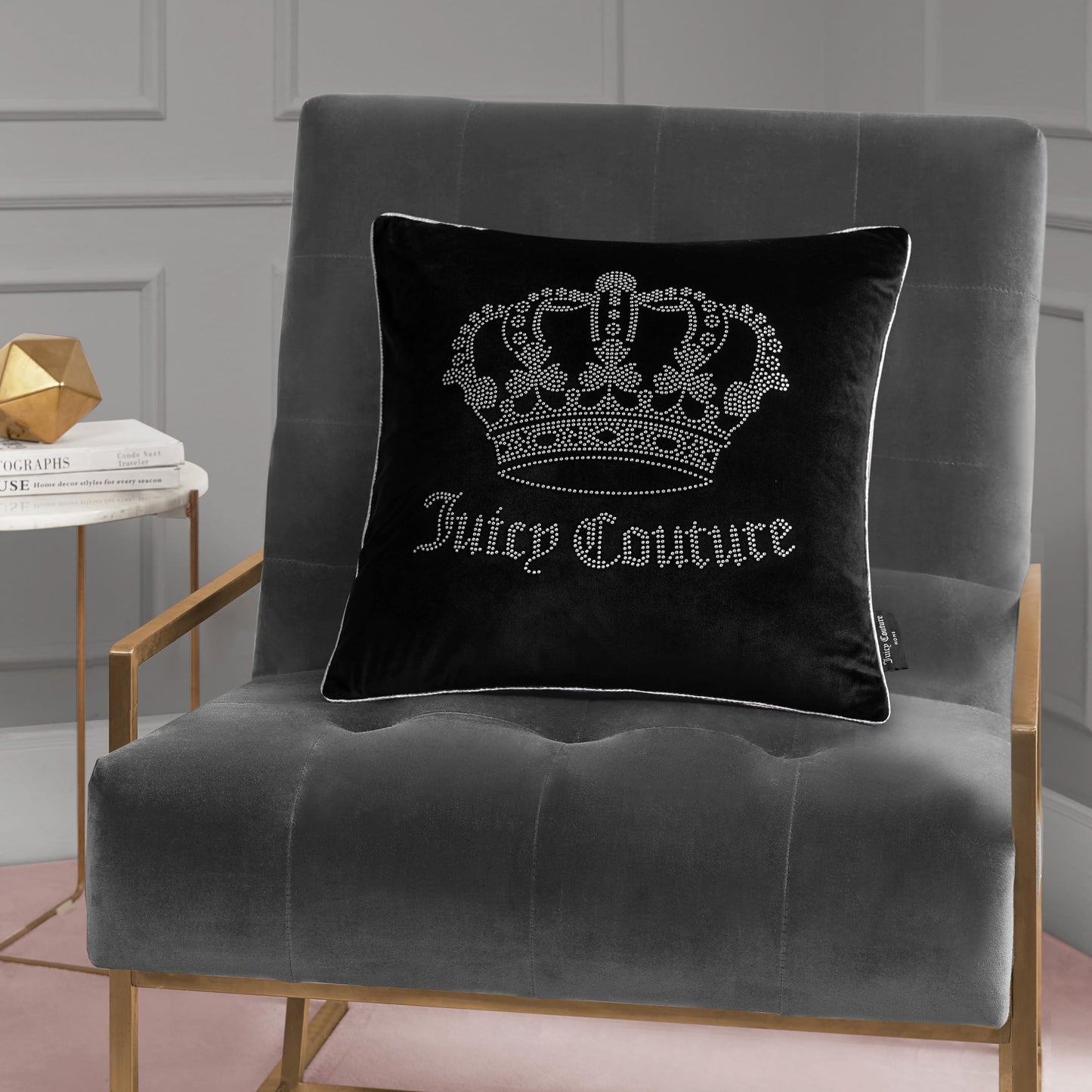 Juicy Couture - Decorative Accent Pillow, Velvet Rhinestone Crown, Premium Reversible Throw Pillow