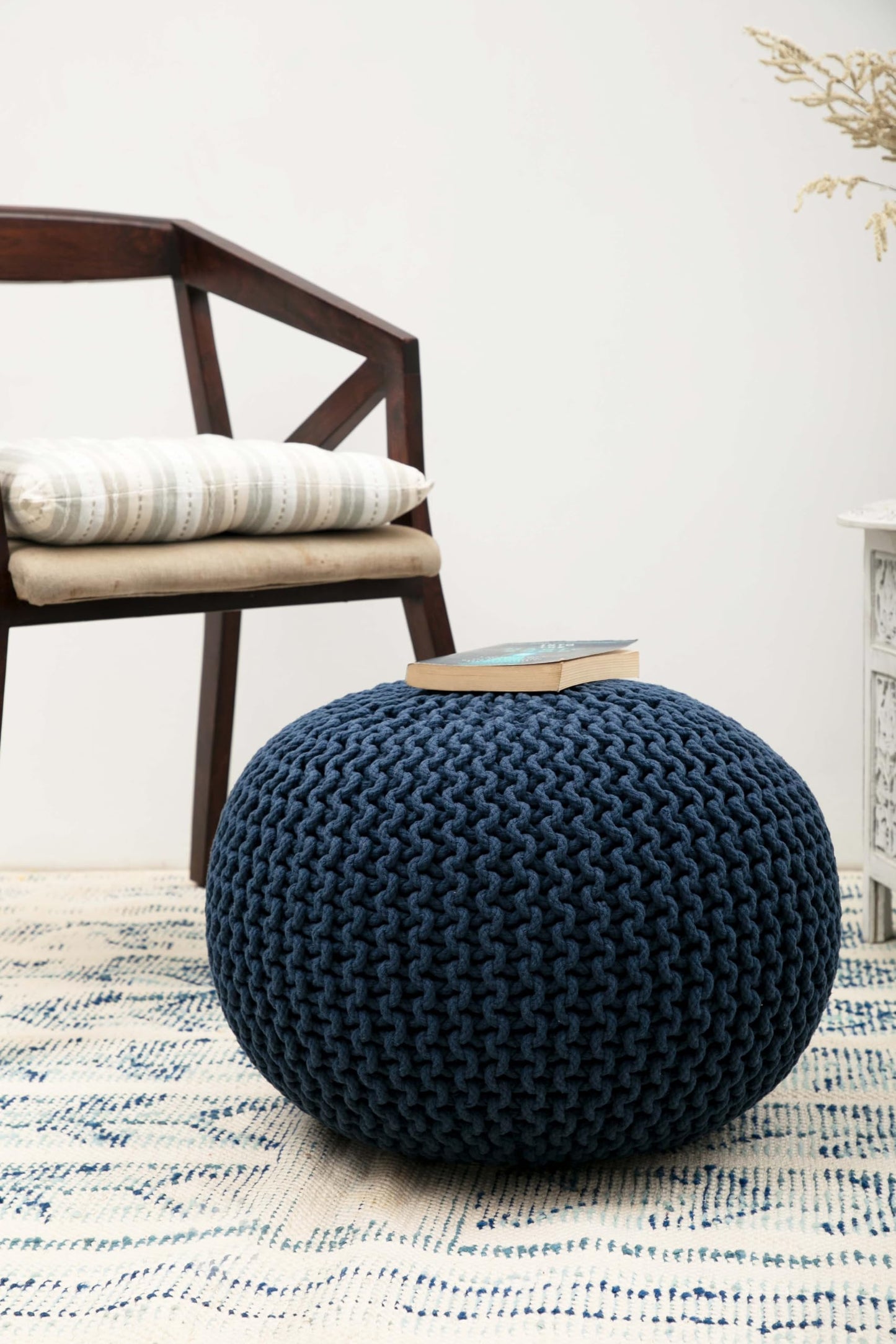 Hand-Knitted Cotton Round Pouf – Braid Cord Ottoman, Footrest, and Accent Seat for Living Room, Nursery, Kids Room, or Dorm Décor – 20x14