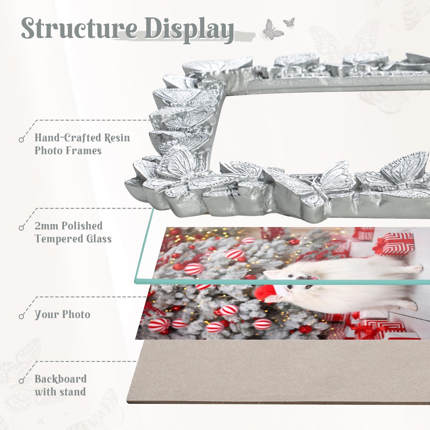 Picture Frame with High Tempered Glass, Butterfly Textured Hand-Crafted Resin Cute Photo Frame with Easel & Hook for Tabletop & Wall Display