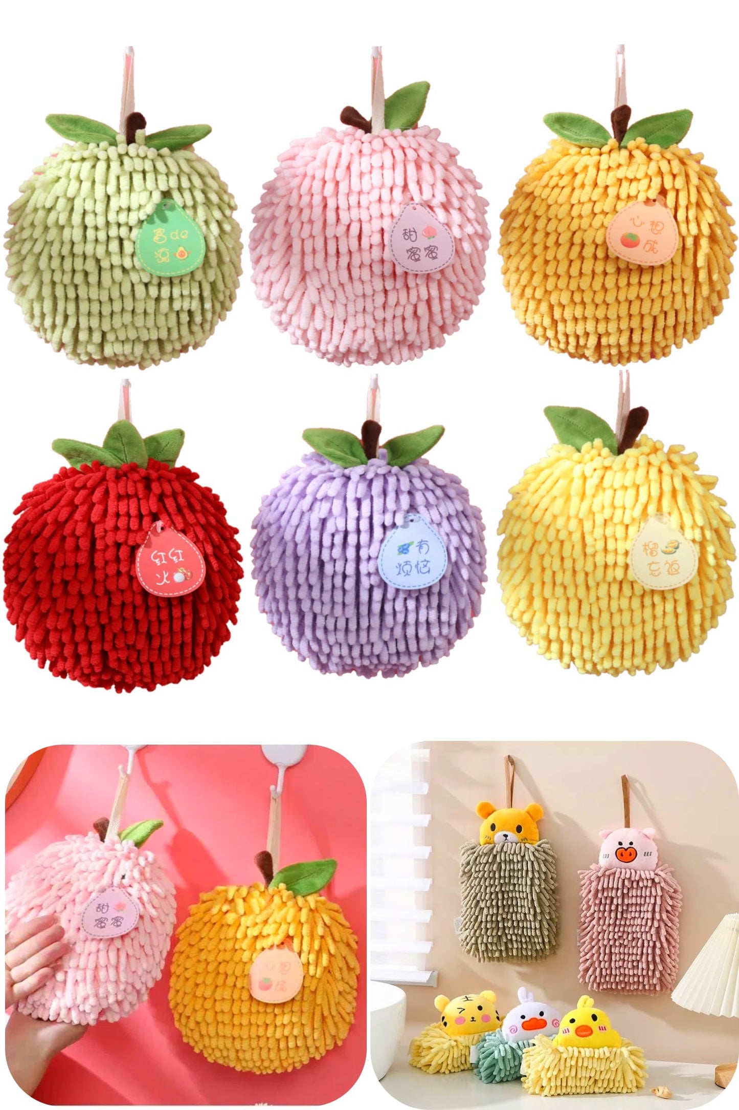 Decorative Hand Towels for Bathroom & Kitchen - Fuzzy Ball Hand Fruit Themed Hand Towel 6.7X6.7 Inches