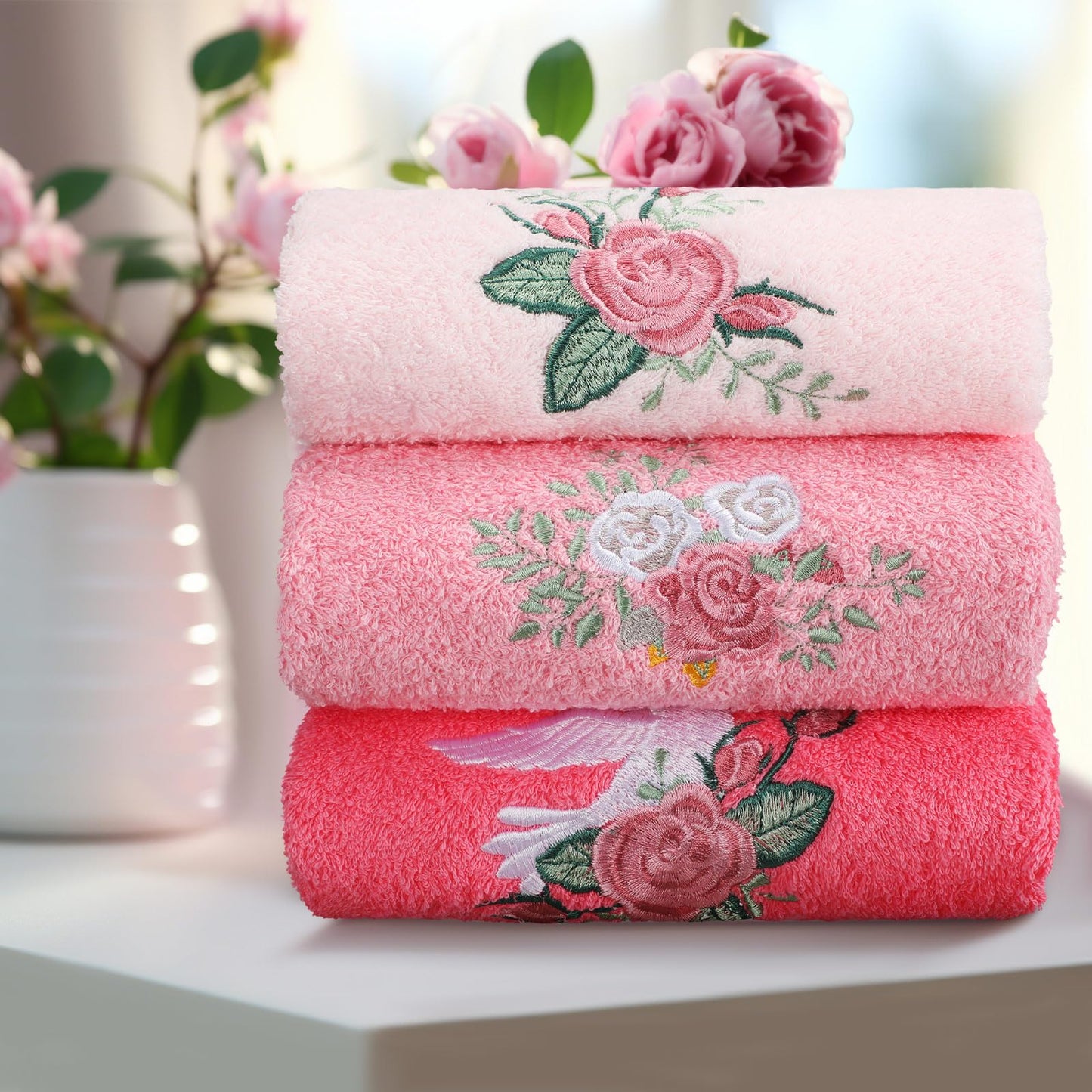 Embroidered Floral Hand Towels - Cute Summer Flowers Cotton Soft Absorbent Towels