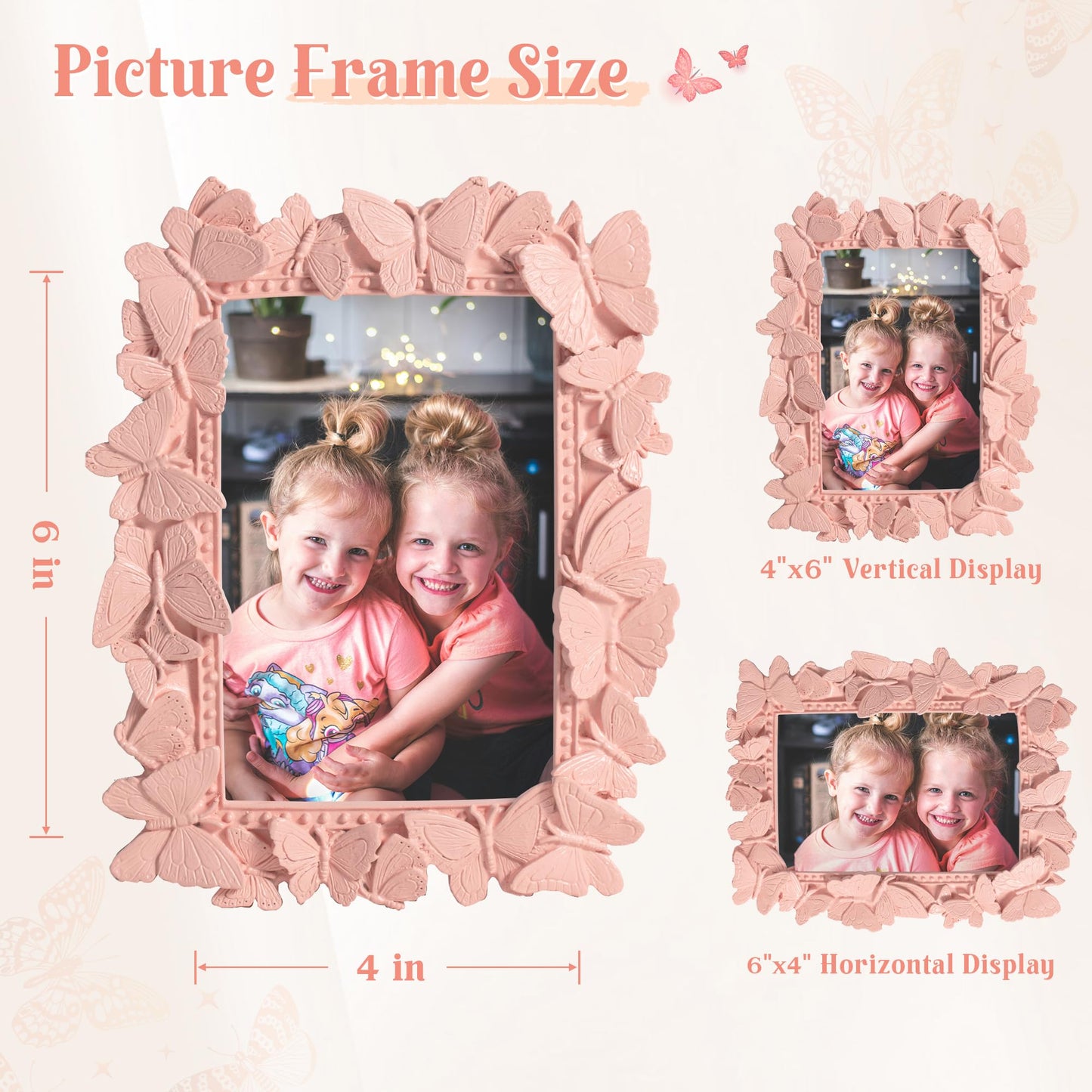 Picture Frame with High Tempered Glass, Butterfly Textured Hand-Crafted Resin Cute Photo Frame with Easel & Hook for Tabletop & Wall Display