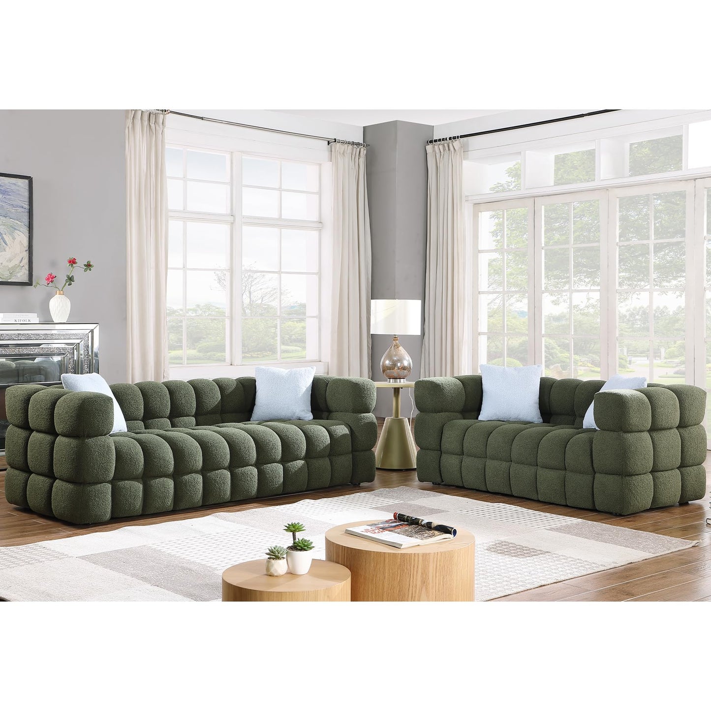 Modern Sofa Couch with Metal Legs Upholstered Tufted 3 Seater Couch with 2 Pillows Decor