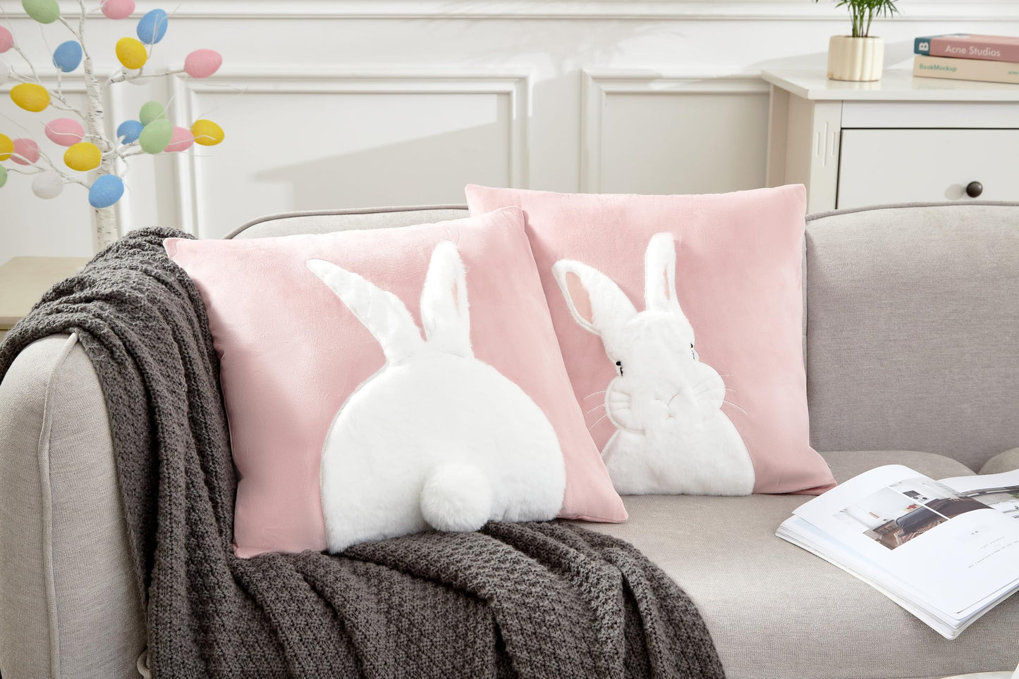 Embroidered 3D Bunny Rabbit Throw Pillowcase Velvet Spring Easter Pillow Covers