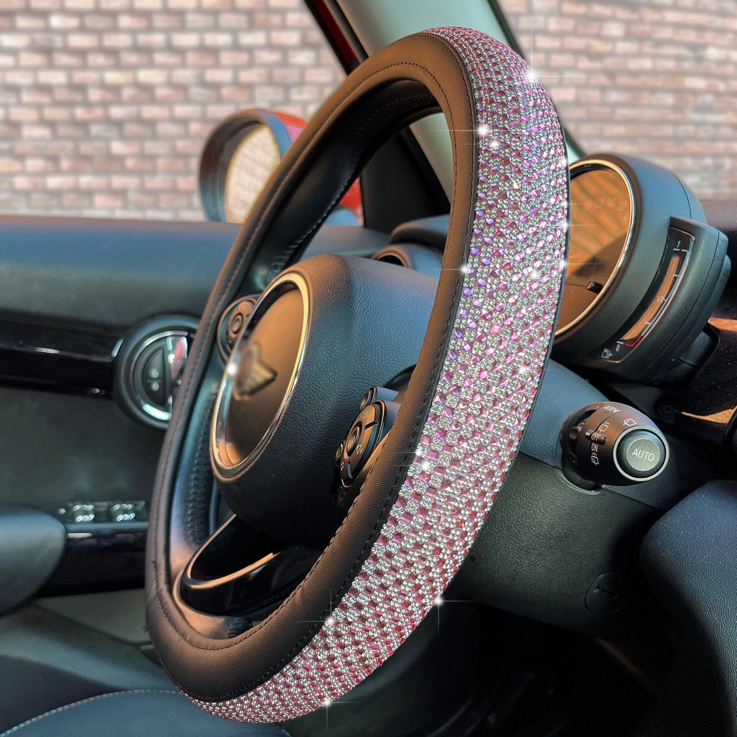 Universal Bling Bling Comfy Steering Wheel Cover with Jumbo Crystal Rhinestones, Anti-Slip Diamond Leather, 14.5-15 Inch