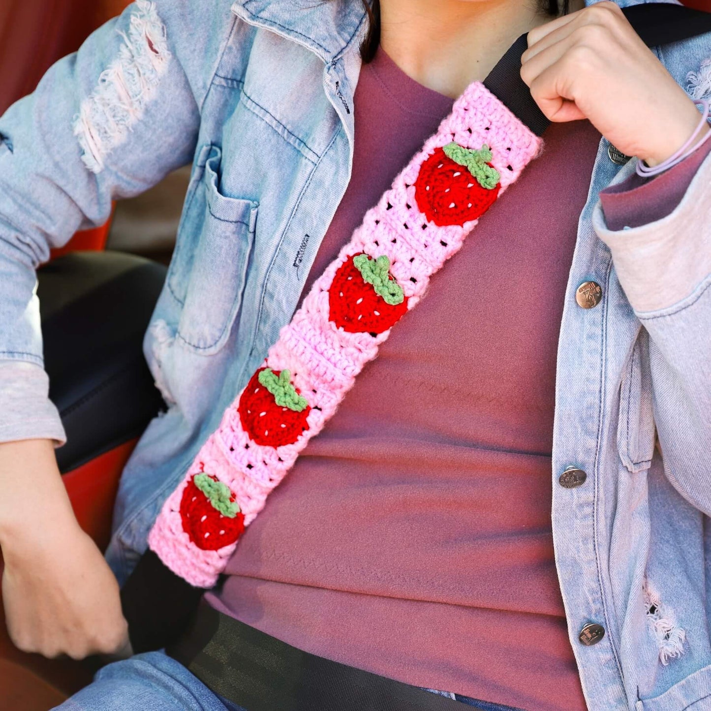 Pink Strawberry Granny Square Pattern - Crochet Steering Wheel Cover Set