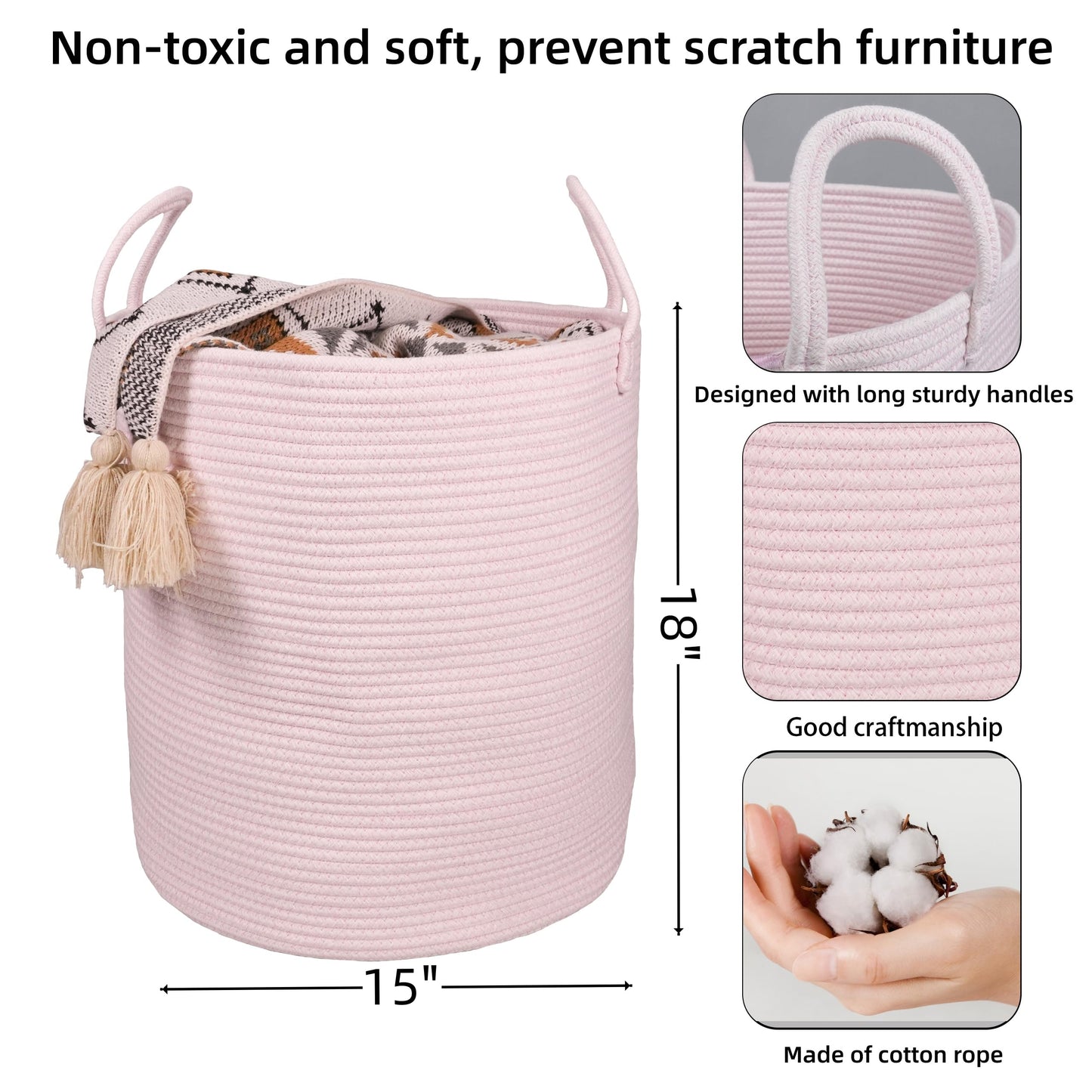 Cotton Boho Rope Laundry Basket – Woven Hamper for Blankets, Toys, and Nursery Storage