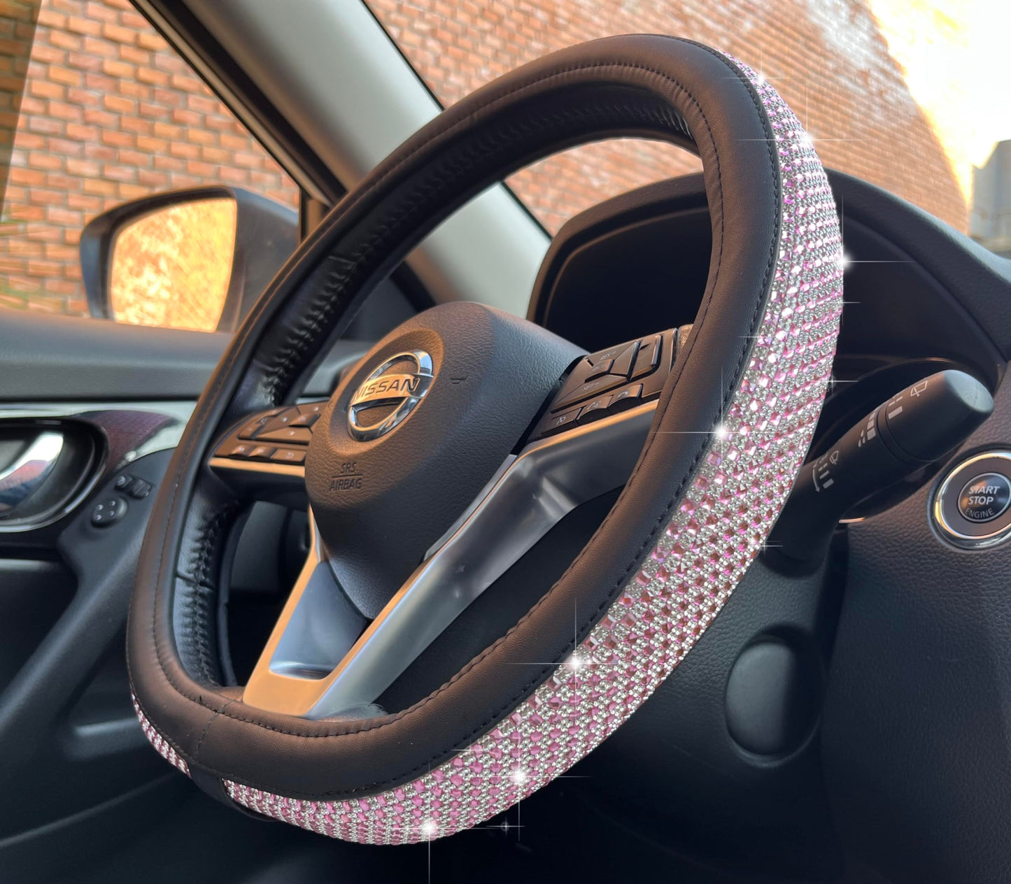 Universal Bling Bling Comfy Steering Wheel Cover with Jumbo Crystal Rhinestones, Anti-Slip Diamond Leather, 14.5-15 Inch