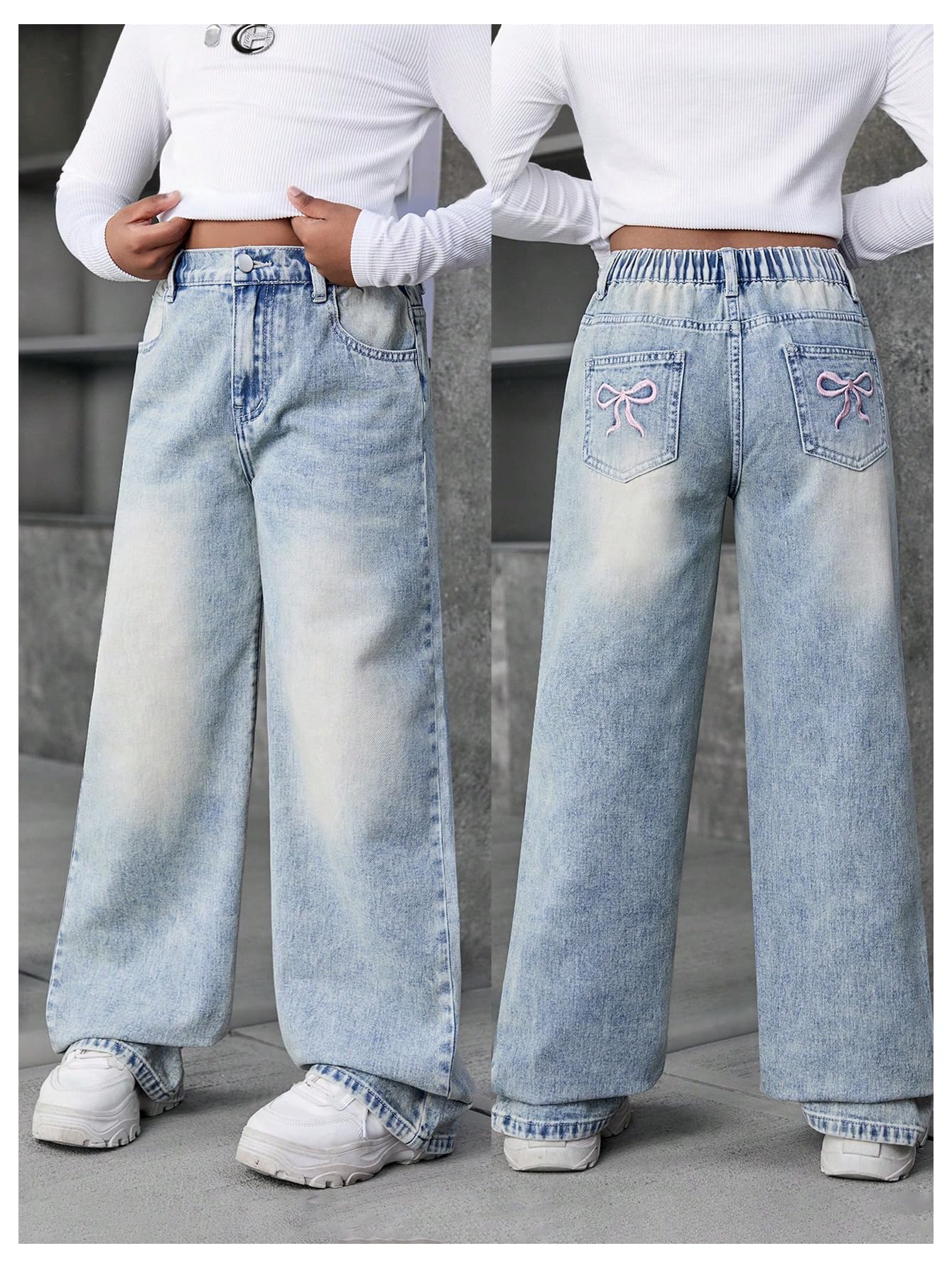 Girl's Bow Print Back Zipper Fly Elastic High Waist Denim Pants Basic Wide Leg Jeans