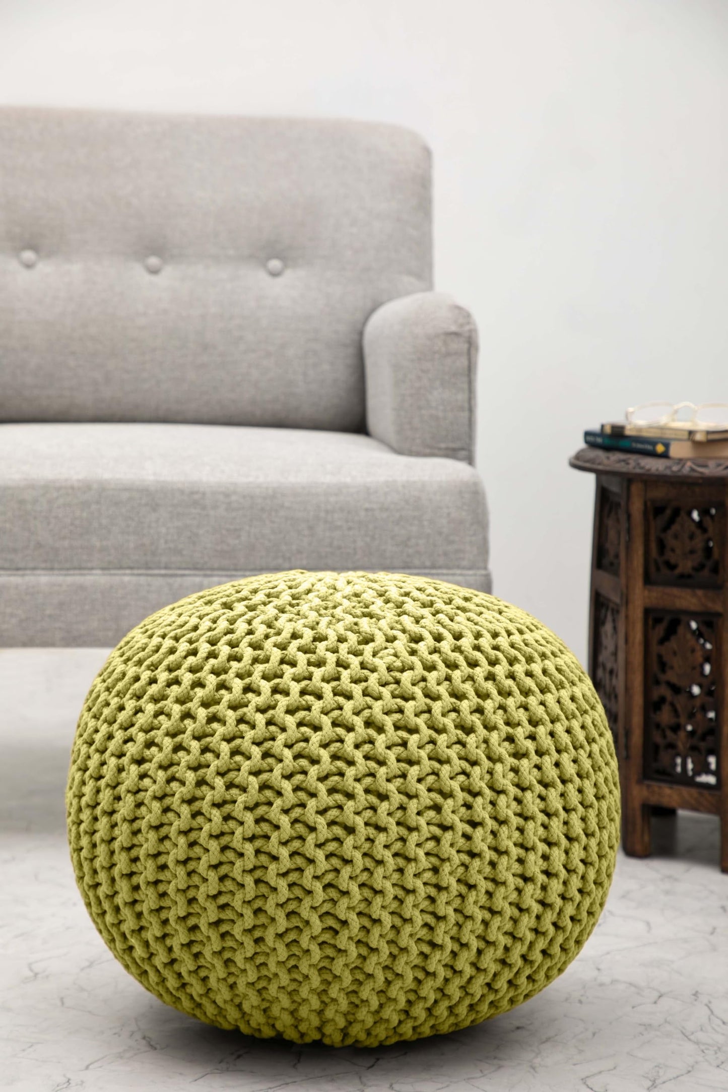 Hand-Knitted Cotton Round Pouf – Braid Cord Ottoman, Footrest, and Accent Seat for Living Room, Nursery, Kids Room, or Dorm Décor – 20x14