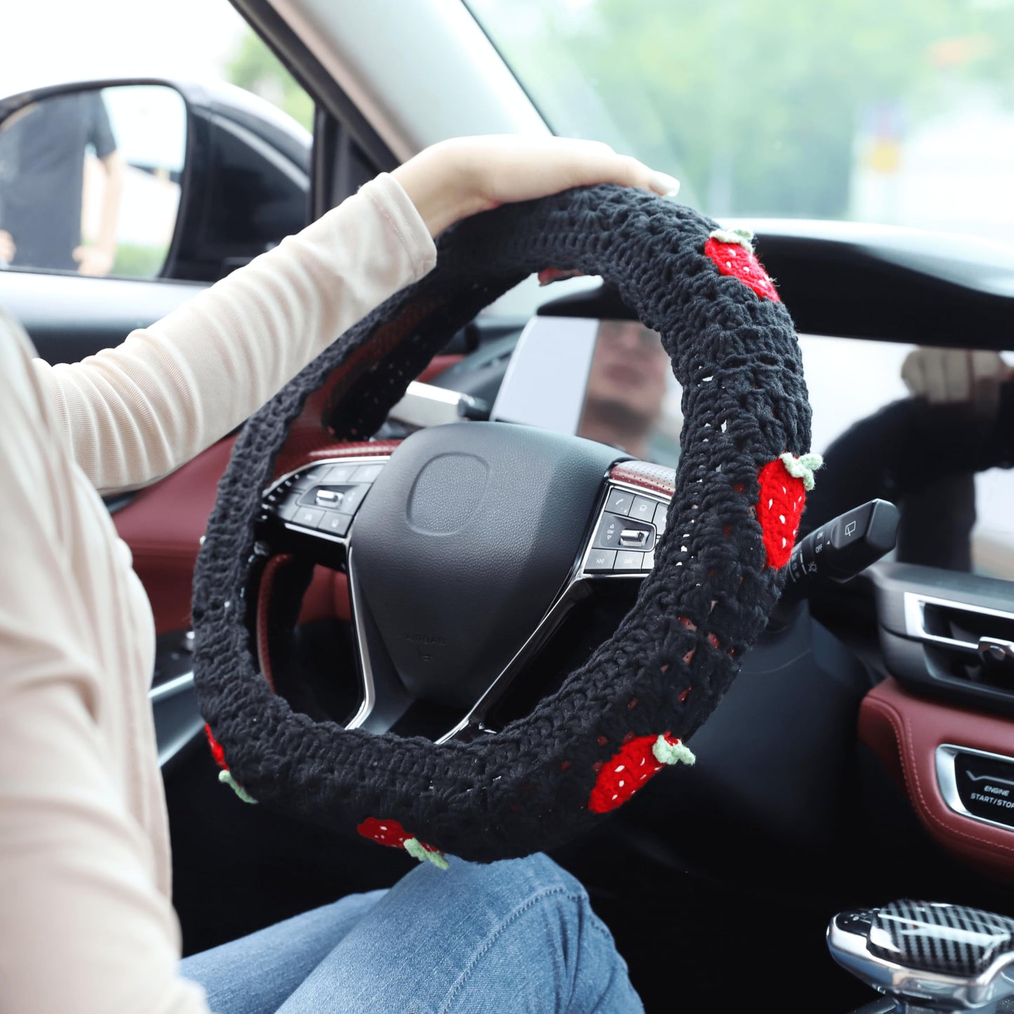 Pink Strawberry Granny Square Pattern - Crochet Steering Wheel Cover Set