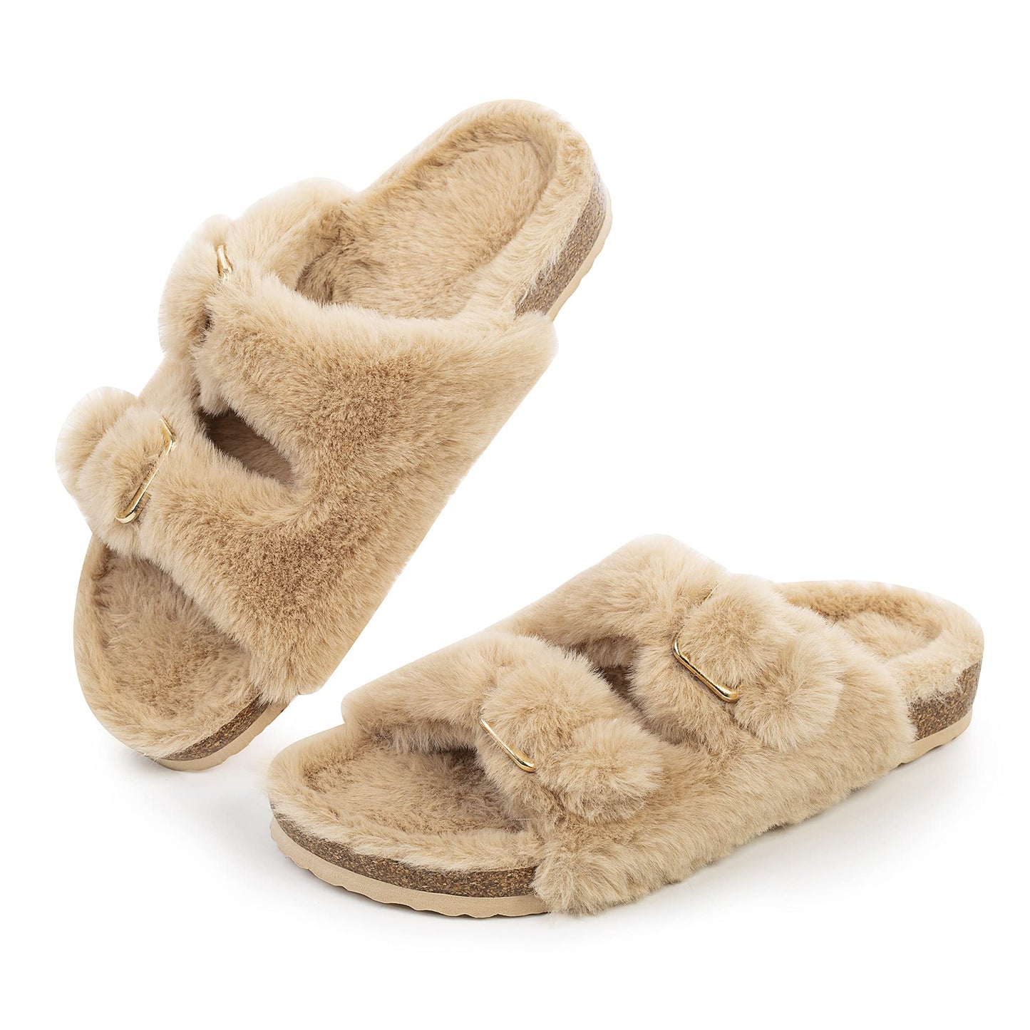 Womens Open Toe Slipper with Cozy Lining, Faux Fur Slide Sandals