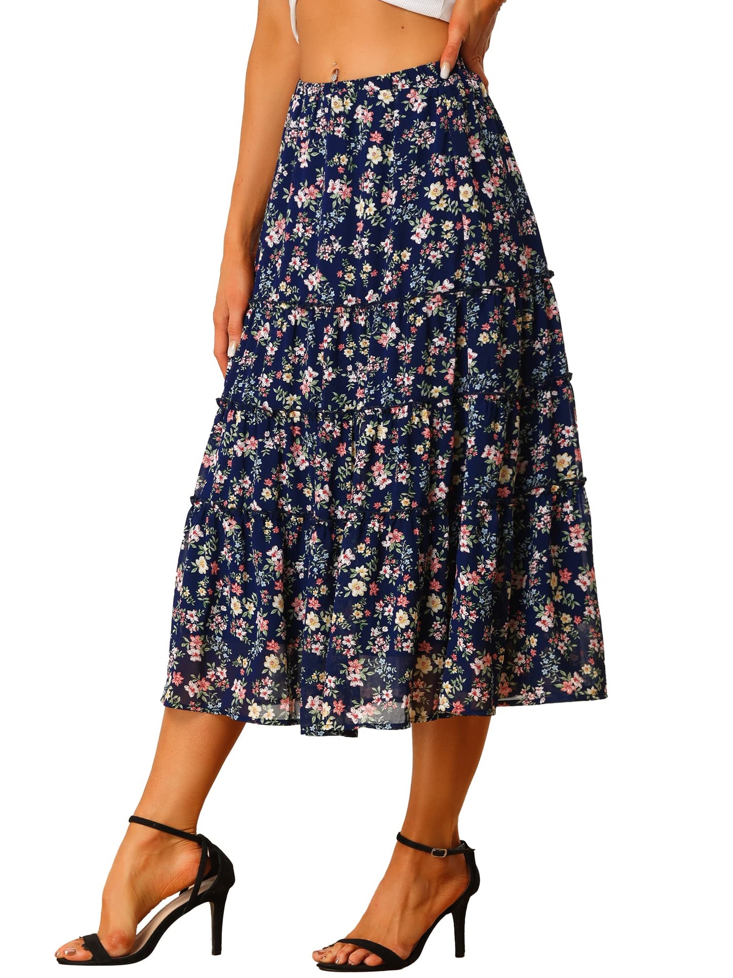 K Women's Floral Skirt Chiffon A-line Long Tiered Ruffle Boho