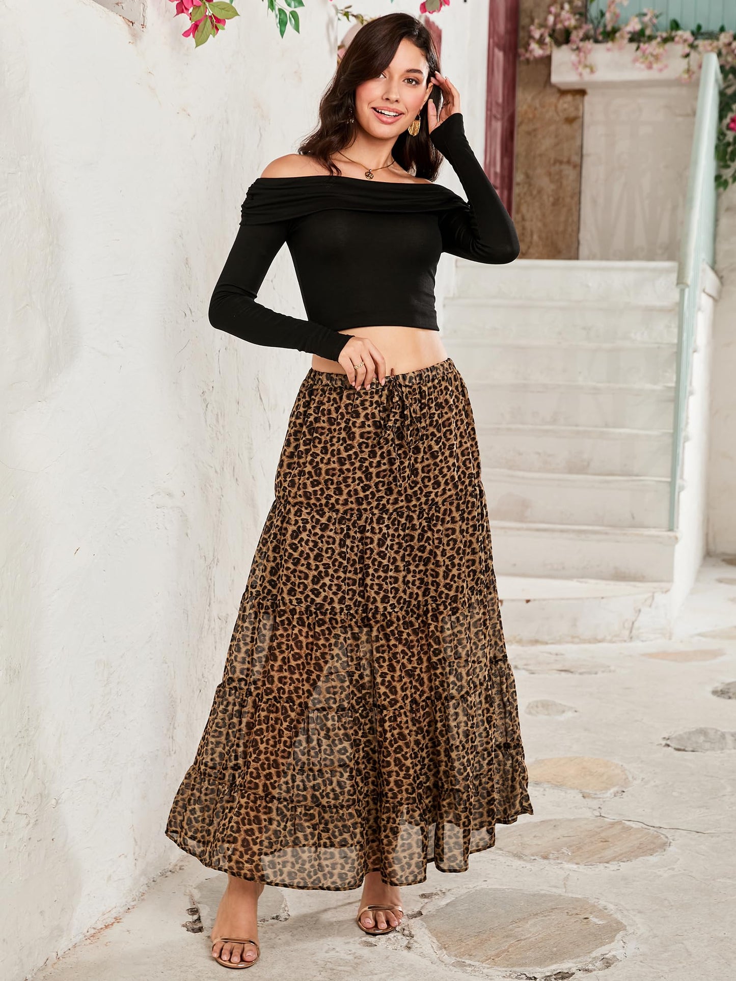 Women's Casual High Elastic Waist Ruffle Boho Pleated A-line Long Maxi Skirt