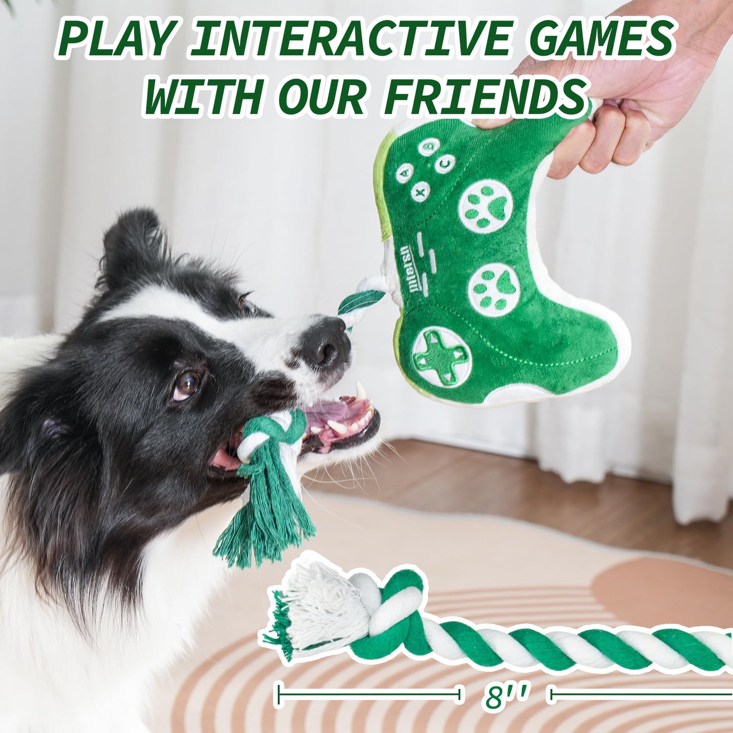 Cute Dog Plush Toys : Squeaky Dog Toys with Crinkle Paper and Interactive Rope Toy for Tug of War - Game Controller