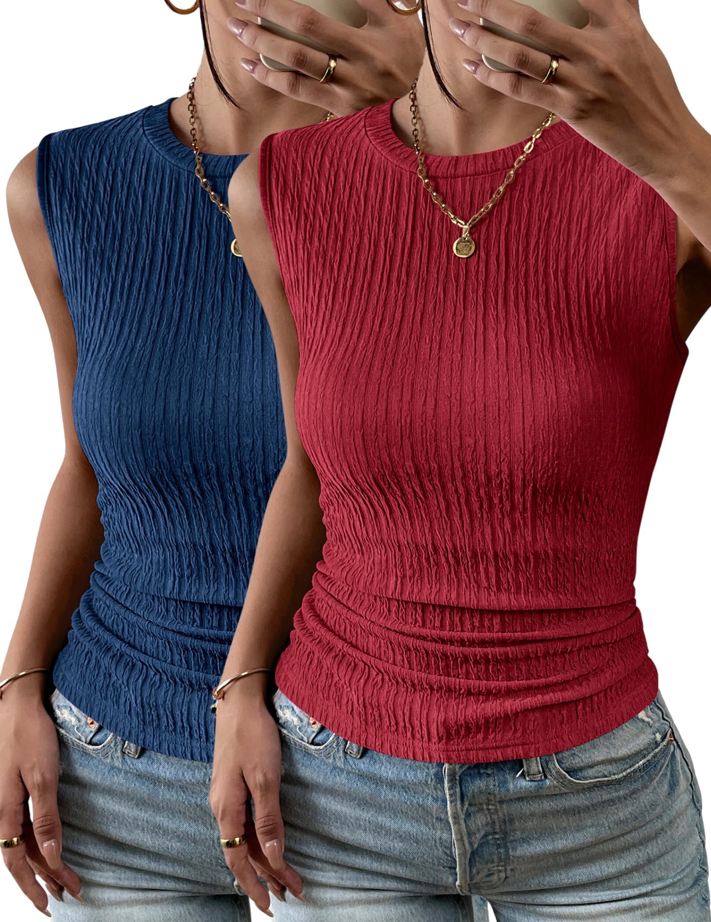 Women's High Neck Tank Top Ribbed Knit Slim Fitted Basic Textured Sleeveless Shirts