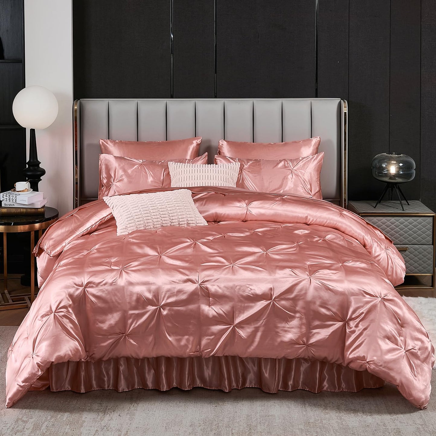 Pinch Pleat Bedding Set - Pin-tuck Luxury Bed Comforter Set 10 Pcs, Soft Silky Down Comforter Bed Set Satin with Sheets