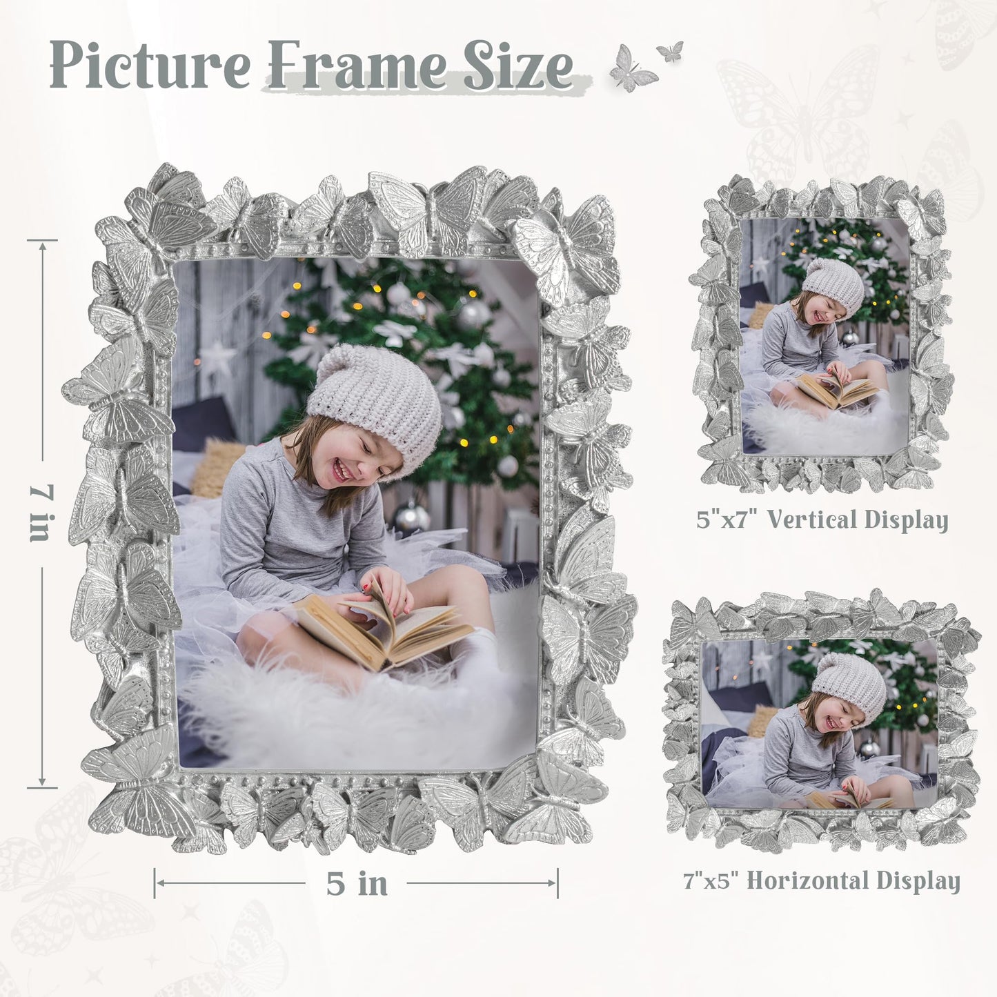 Picture Frame with High Tempered Glass, Butterfly Textured Hand-Crafted Resin Cute Photo Frame with Easel & Hook for Tabletop & Wall Display