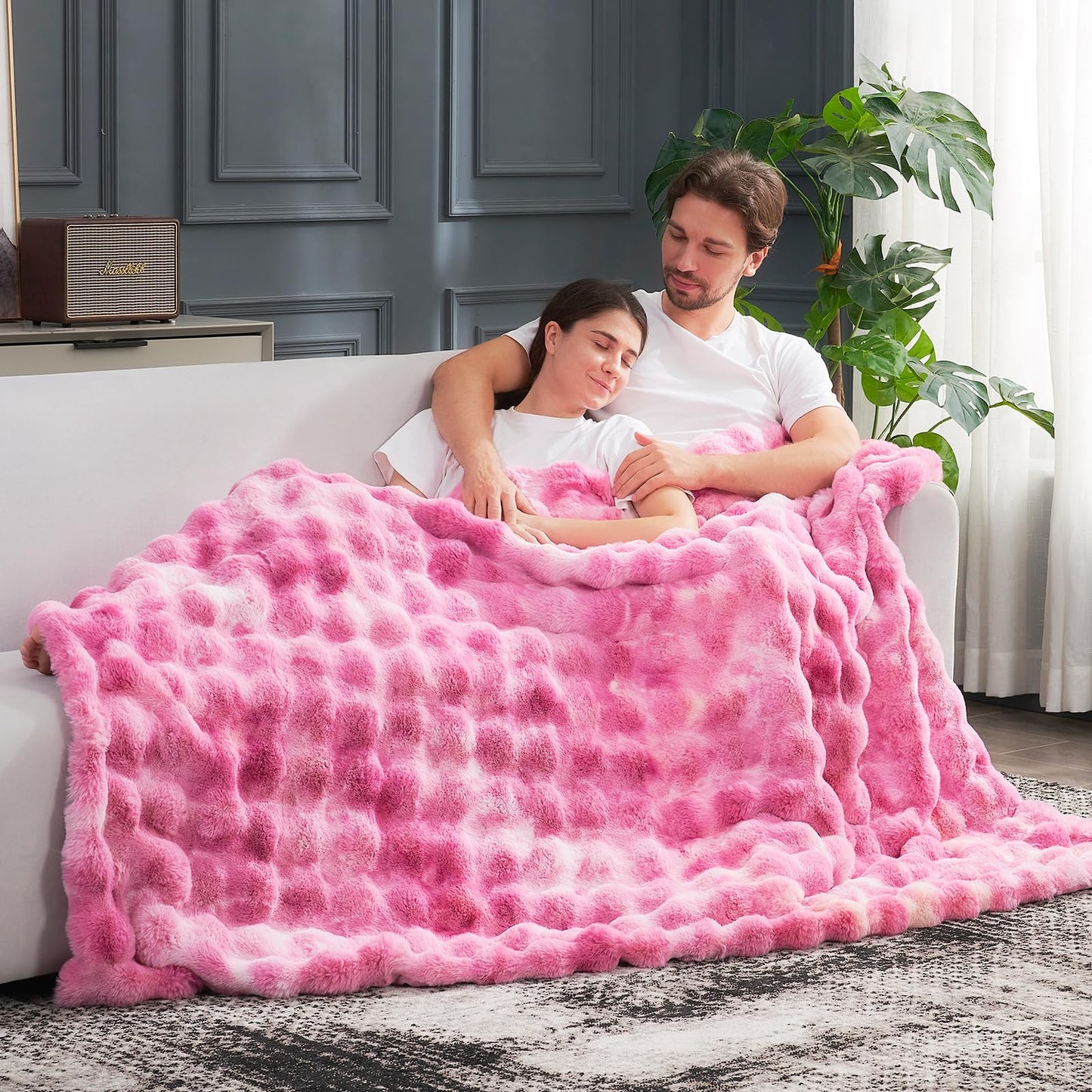 Faux Fur Throw Blanket -Fuzzy Soft Plush Thick Bubble Blanket