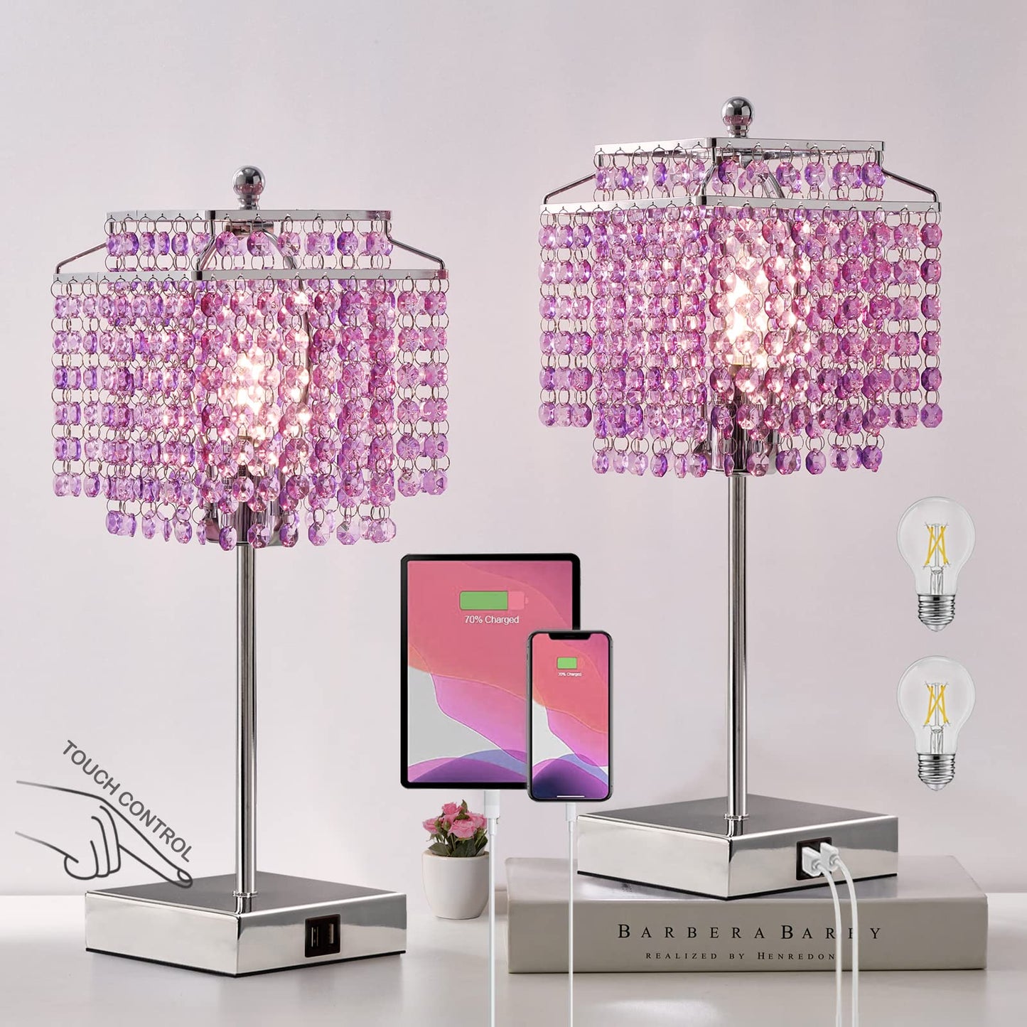 Luvkczc Set of 2 Bedside Pink Crystal Table Lamp, Touch Control Crystal Lamp, 3-Way Dimmable Lamp with Crystal Shade for Bedroom, Girl Living Room, 6W B11 Bulb Included