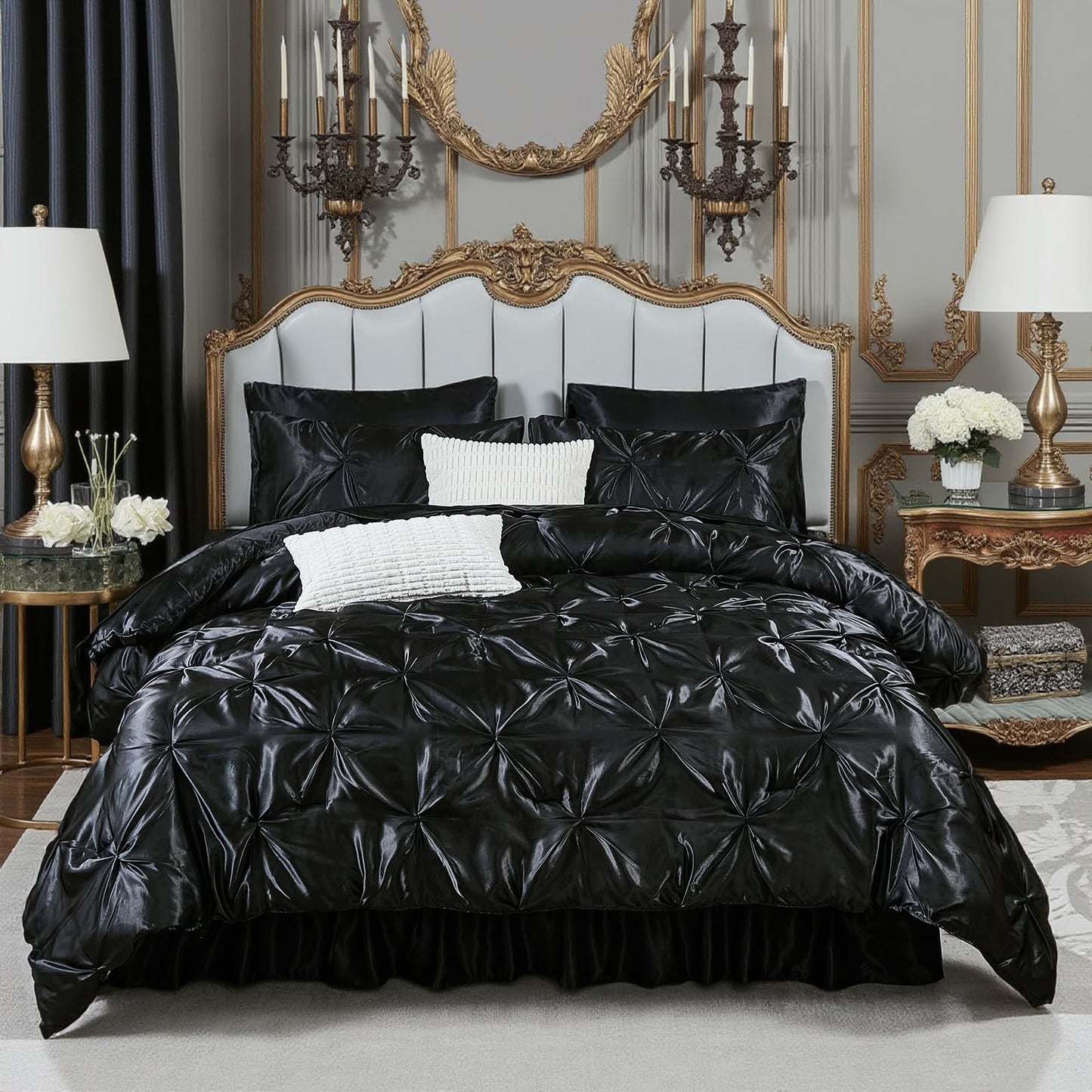 Pinch Pleat Bedding Set - Pin-tuck Luxury Bed Comforter Set 10 Pcs, Soft Silky Down Comforter Bed Set Satin with Sheets