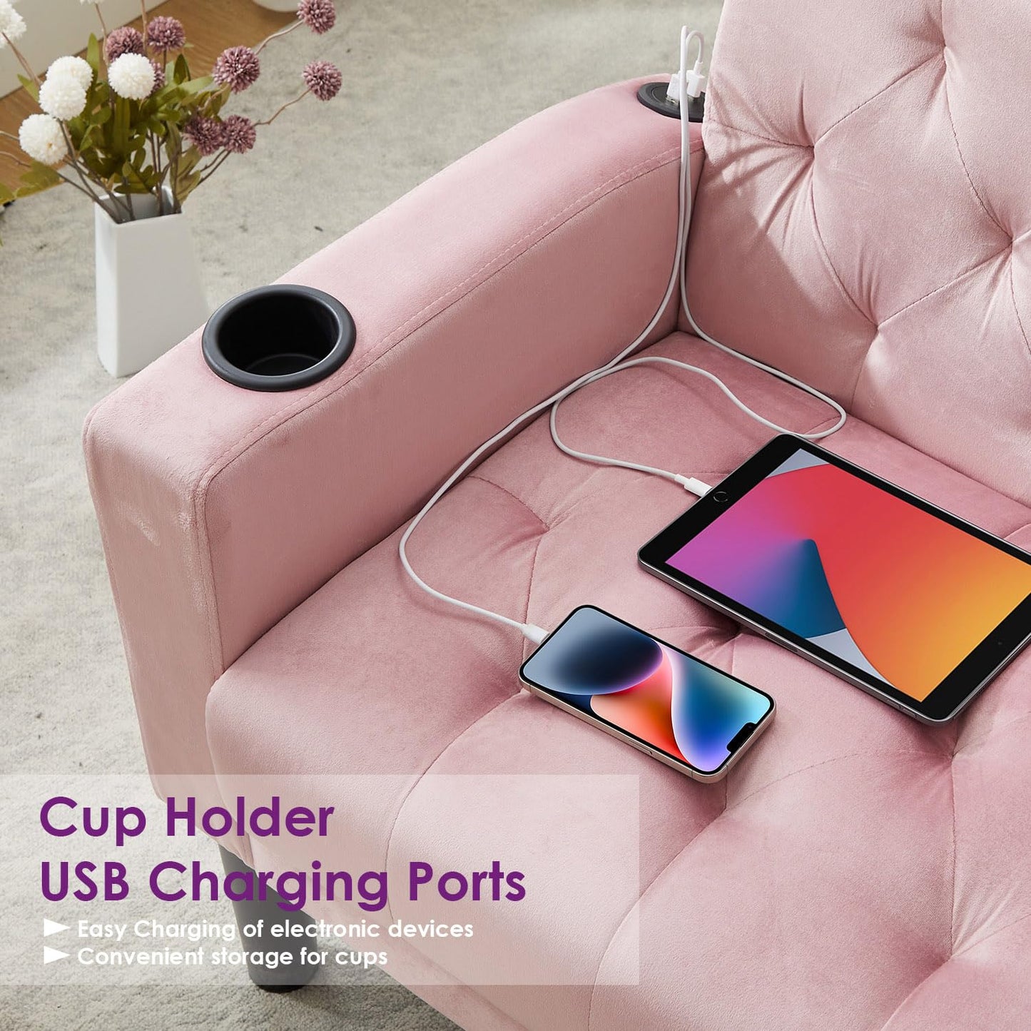 Loveseat Sofa w/ 2 USB Charger Ports and 2 Cupholders, Mid-Century Modern Tufted Pink Velvet