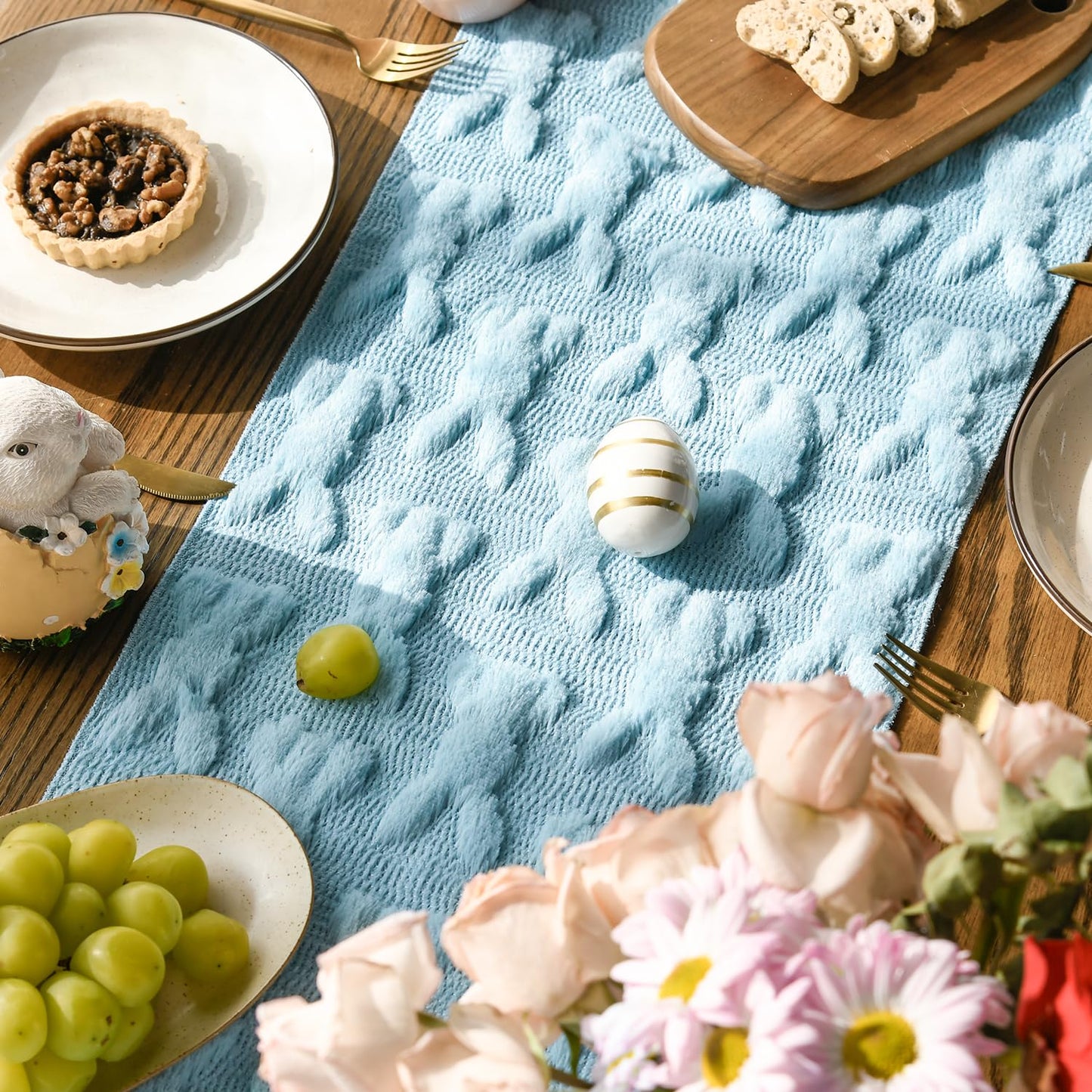 Seasonal Haze Blue Soft Plush Faux Fur Jacquard Bunny Rabbit Easter Table Runner, 13x72 Inch