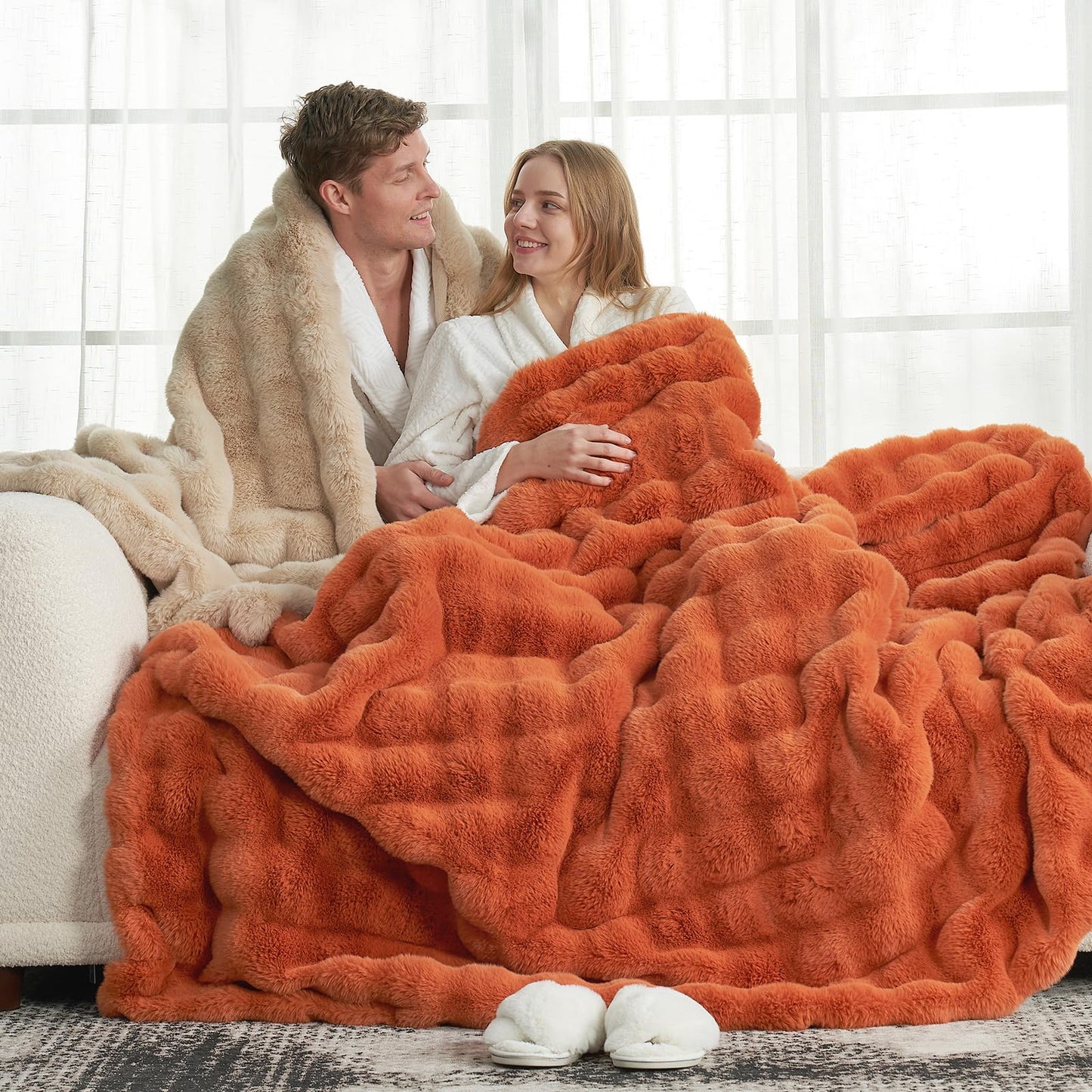 Faux Fur Throw Blanket -Fuzzy Soft Plush Thick Bubble Blanket