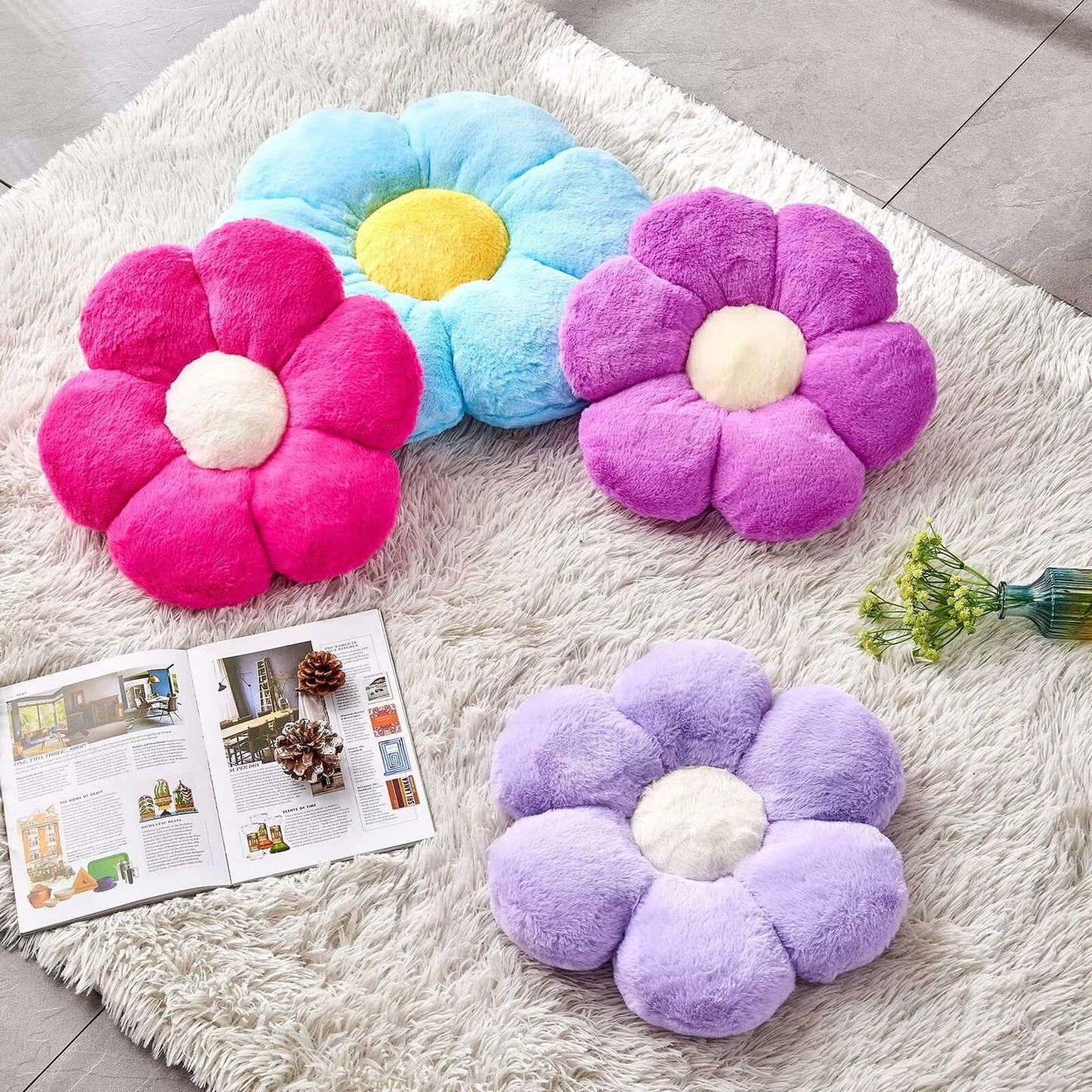 Plush Flower-Shaped Throw Pillow – Soft Faux Rabbit Fur Cushion for Bedroom or Living Room Decor