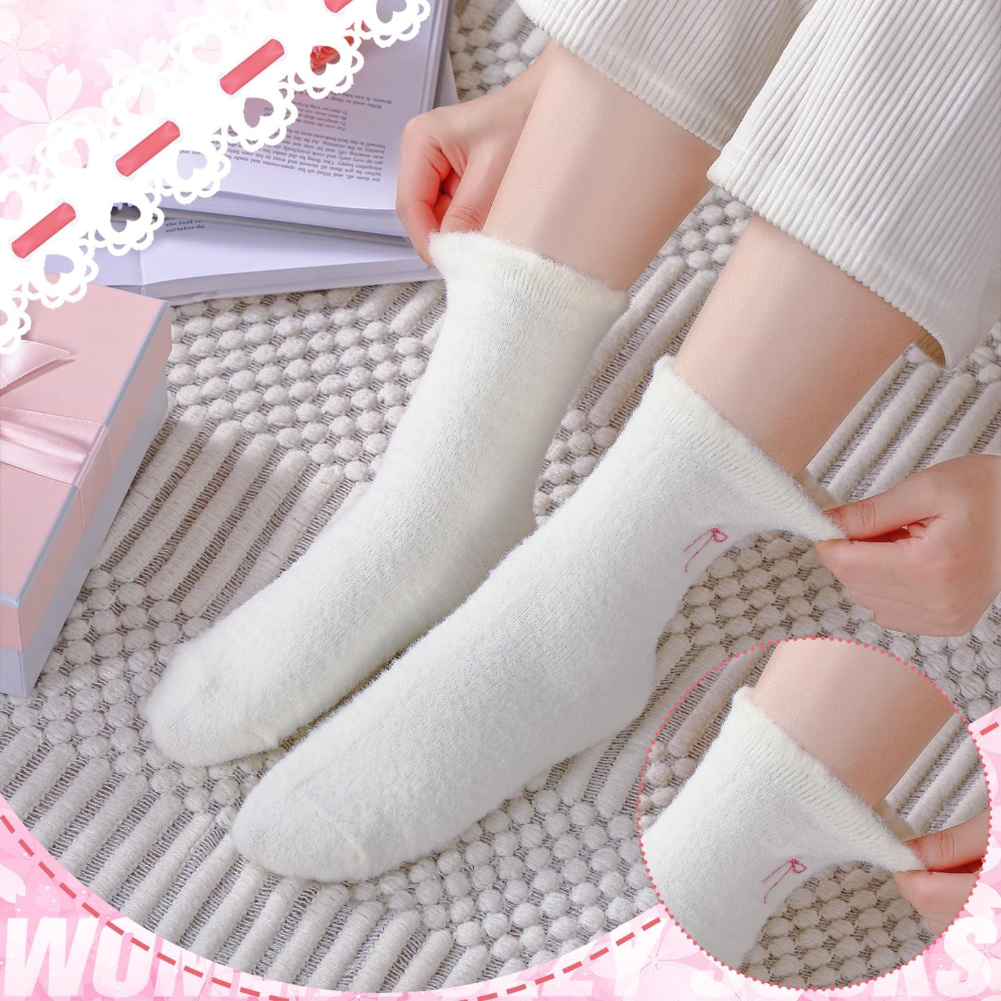 Women's Bow Fuzzy Socks Winter Crew Slipper Socks Coquette 5 Pcs