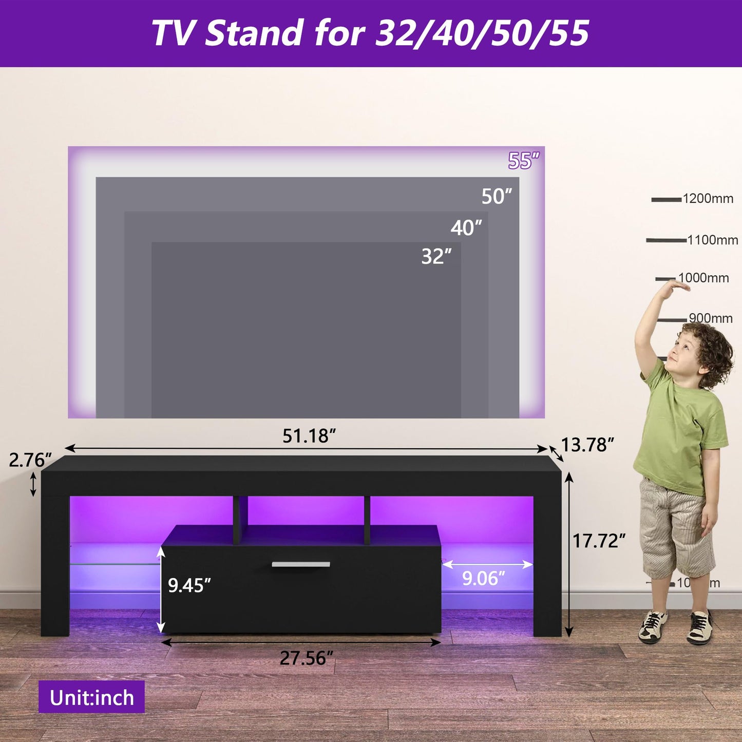 LED TV Stand with Large Storage Drawer -  Modern High Gloss TV Console Table with Entertainment Center