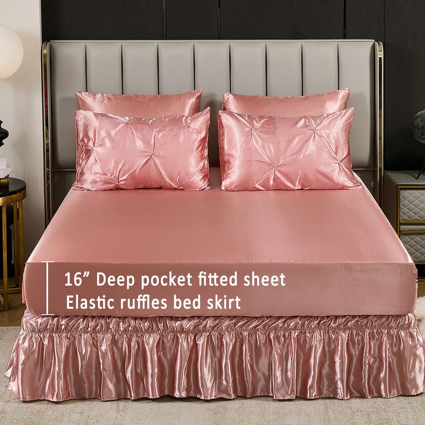 Pinch Pleat Bedding Set - Pin-tuck Luxury Bed Comforter Set 10 Pcs, Soft Silky Down Comforter Bed Set Satin with Sheets