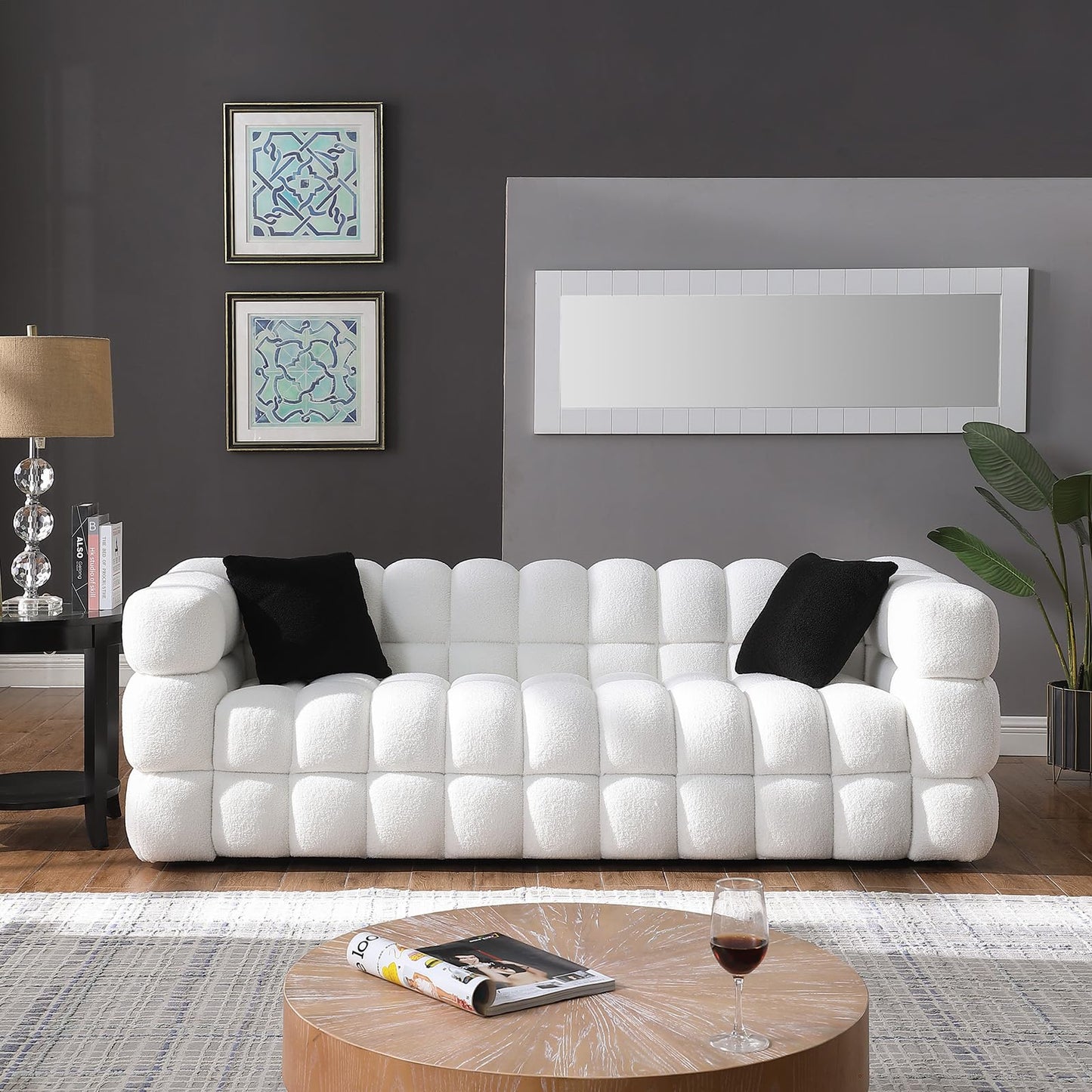 Modern Sofa Couch with Metal Legs Upholstered Tufted 3 Seater Couch with 2 Pillows Decor