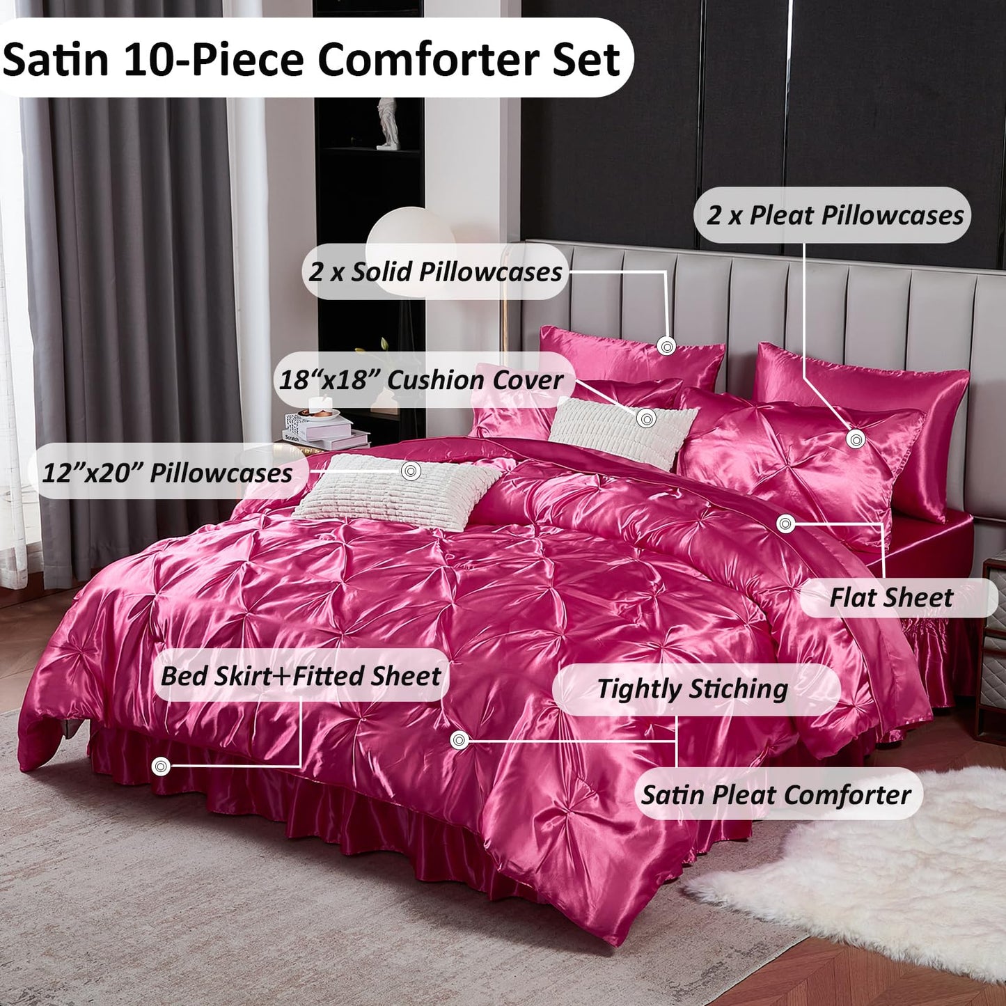 Pinch Pleat Bedding Set - Pin-tuck Luxury Bed Comforter Set 10 Pcs, Soft Silky Down Comforter Bed Set Satin with Sheets