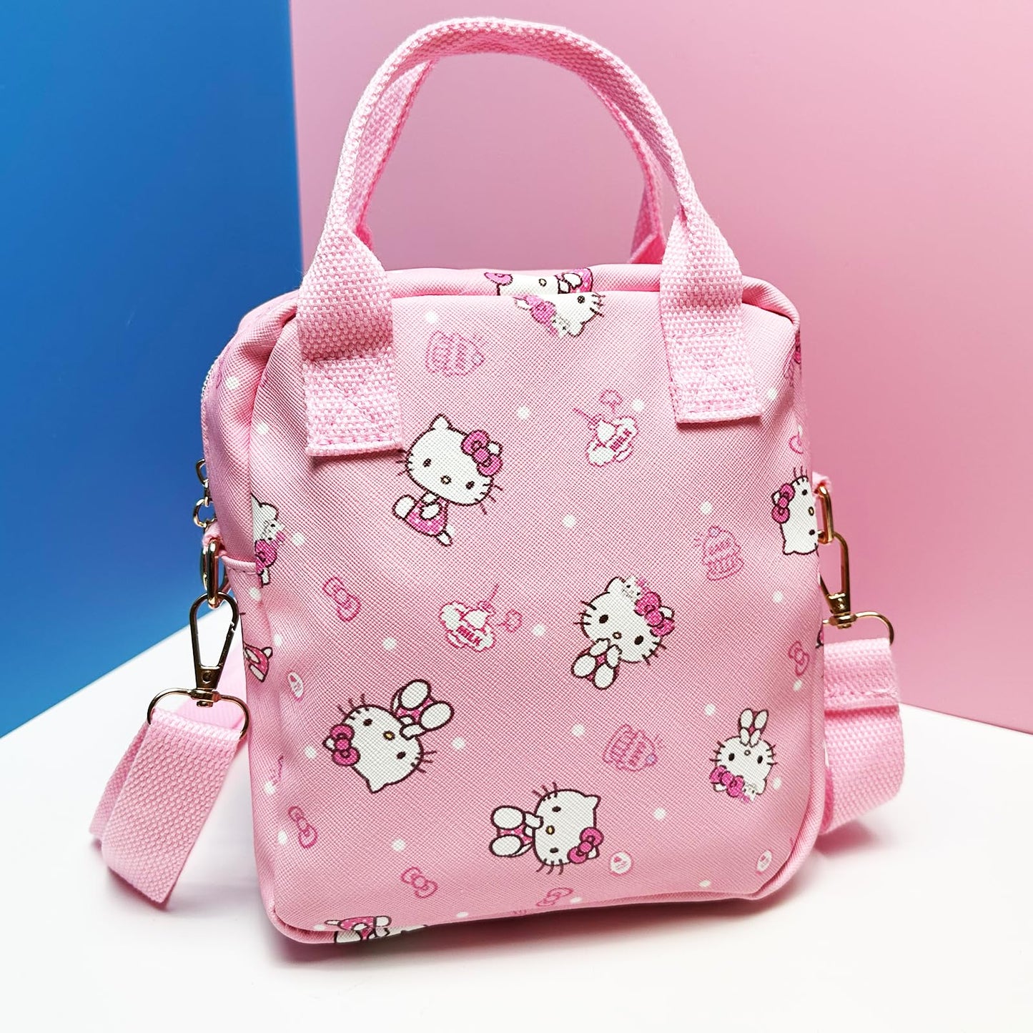 Kawaii Kitty PU Crossbody Bag with Handles Adjustable Shoulder Strap and Bracelet, Handbag with Zipper, Wallet Purse