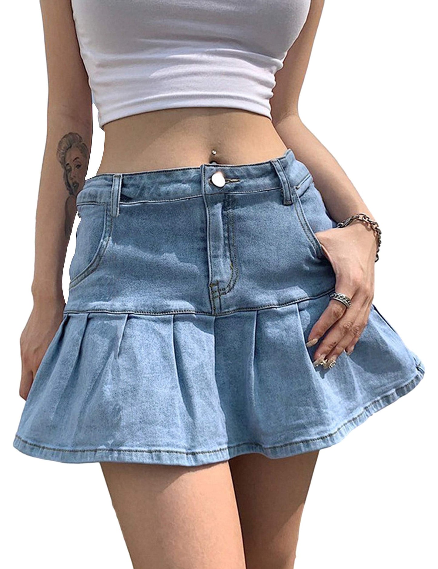 Women's Pleated Jean Skirt Casual - A-Line Ruffle Y2K Mini Denim