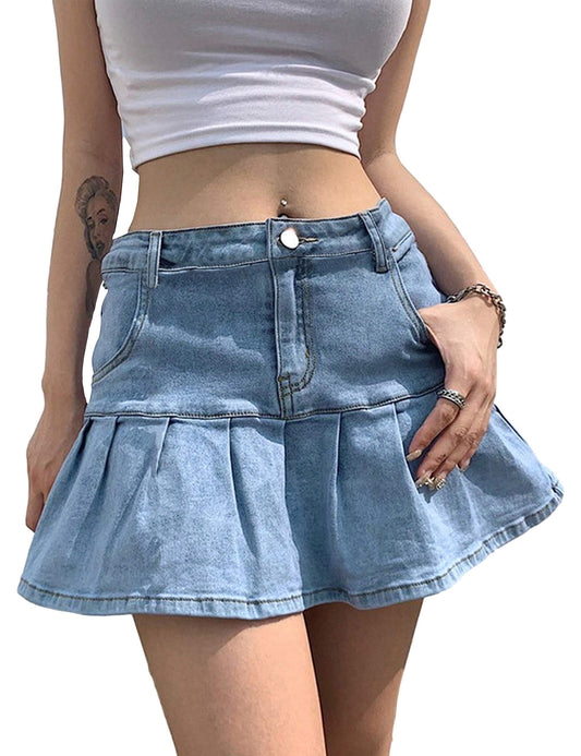 Women's Pleated Jean Skirt Casual - A-Line Ruffle Y2K Mini Denim