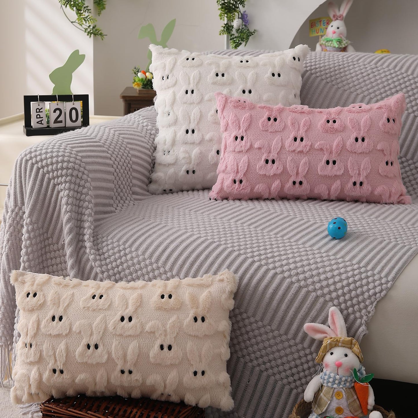 Easter Bunny Pillow Covers | Set of 2 Easter Soft Plush Faux Fur Jacquard Throw Pillows