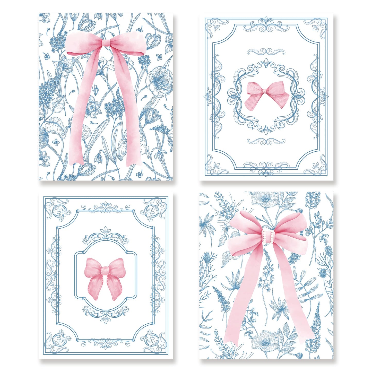 Coquette Preppy Wall Decor Art Set of 4 - Trendy Artwork Poster Prints Blue Flowers Pink Bows Wall Decor