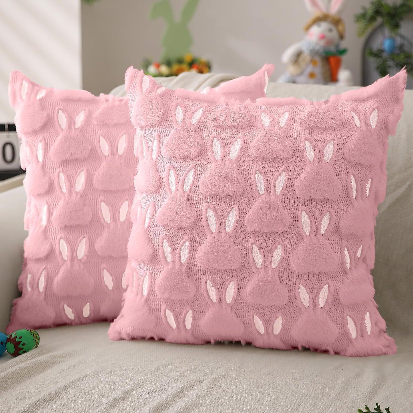 Easter Bunny Pillow Covers | Set of 2 Easter Soft Plush Faux Fur Jacquard Throw Pillows