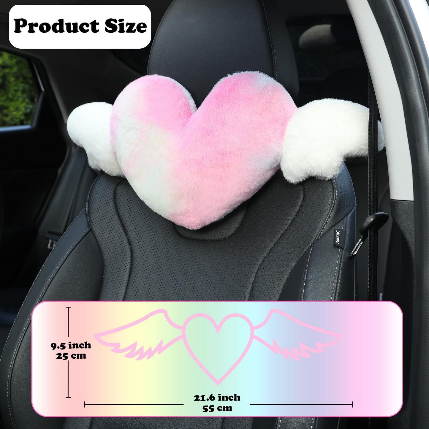 Heart Shaped Cute Car Headrest Pillow with Angel Wings - Comfortable Soft Head Rest Cushion Kawaii