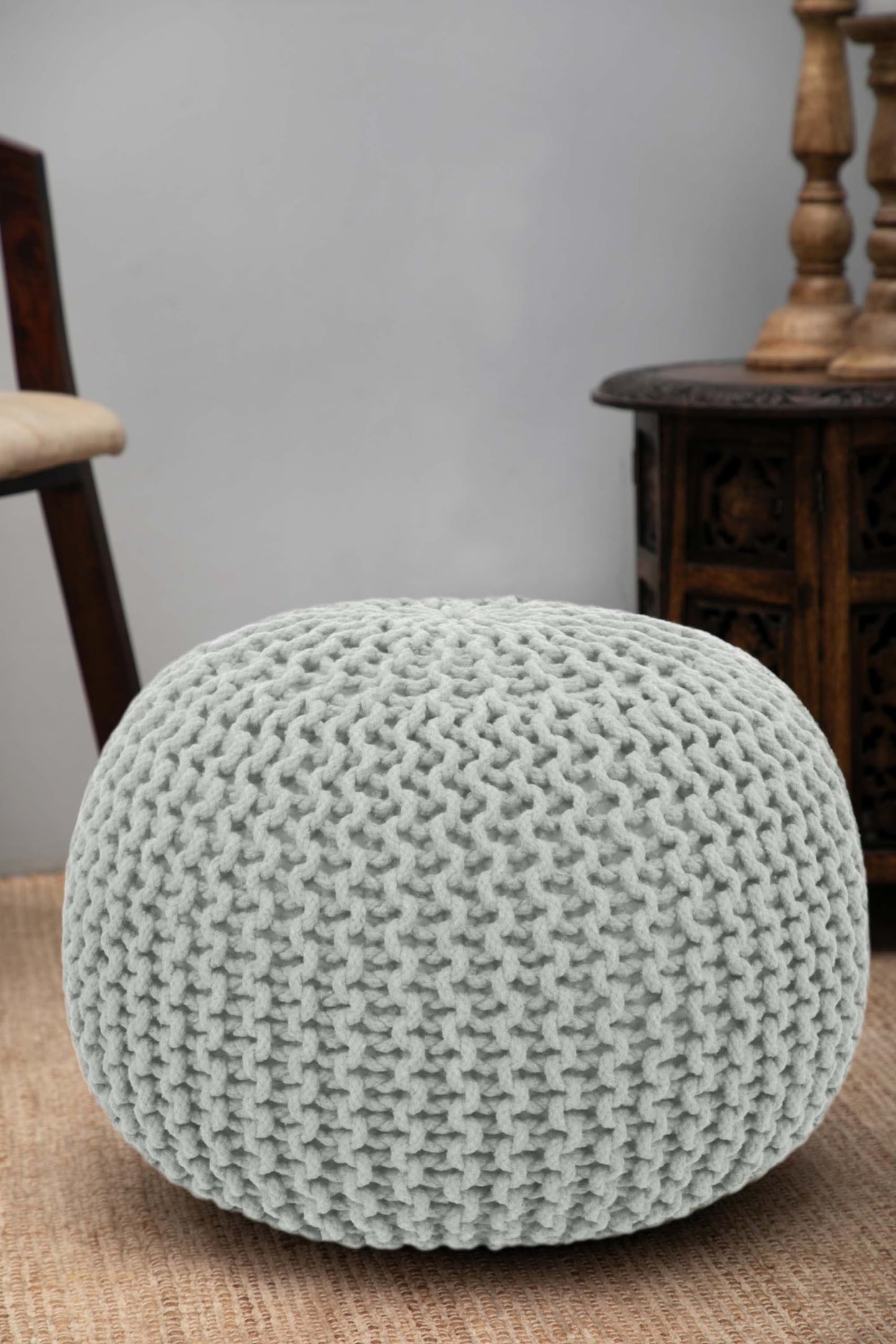 Hand-Knitted Cotton Round Pouf – Braid Cord Ottoman, Footrest, and Accent Seat for Living Room, Nursery, Kids Room, or Dorm Décor – 20x14