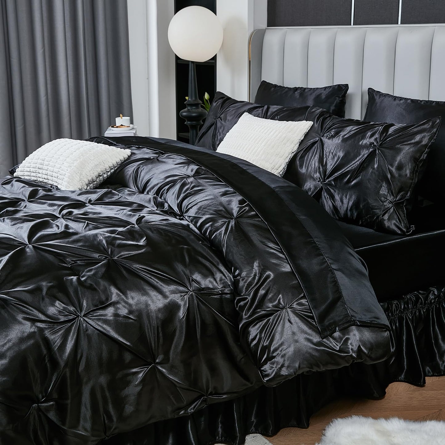 Pinch Pleat Bedding Set - Pin-tuck Luxury Bed Comforter Set 10 Pcs, Soft Silky Down Comforter Bed Set Satin with Sheets