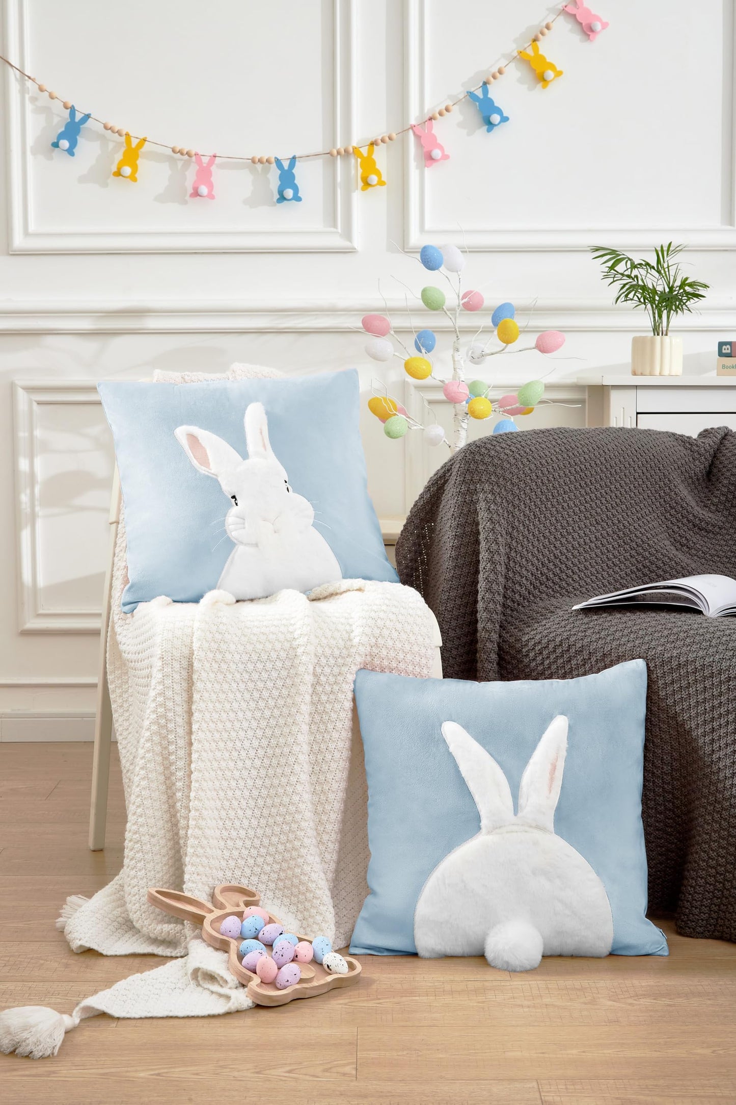 Embroidered 3D Bunny Rabbit Throw Pillowcase Velvet Spring Easter Pillow Covers