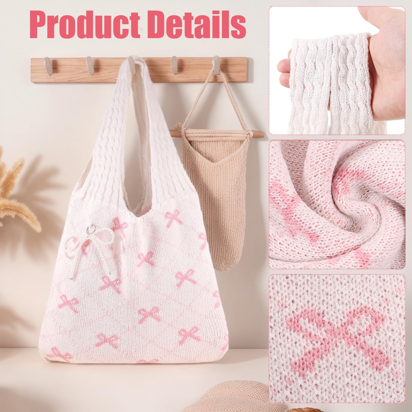 Coquette Crochet Pink Tote Bag with Bag Charms & Keychain – Aesthetic Shoulder Handbag