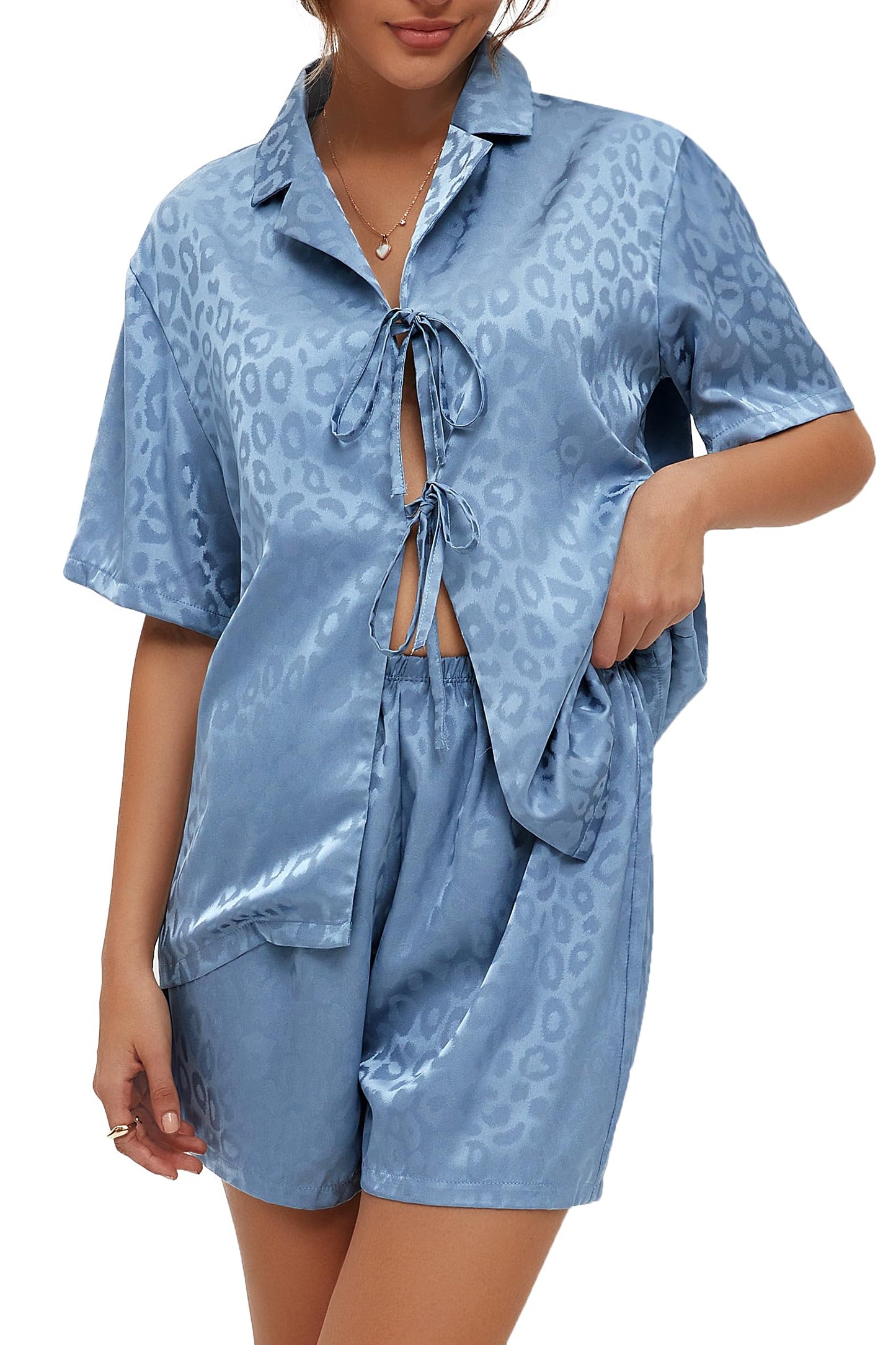 Women's Silk Satin Pajamas Sets Tie Front Short Sleeve Tops and Shorts Two Piece Pj Sets Sleepwear