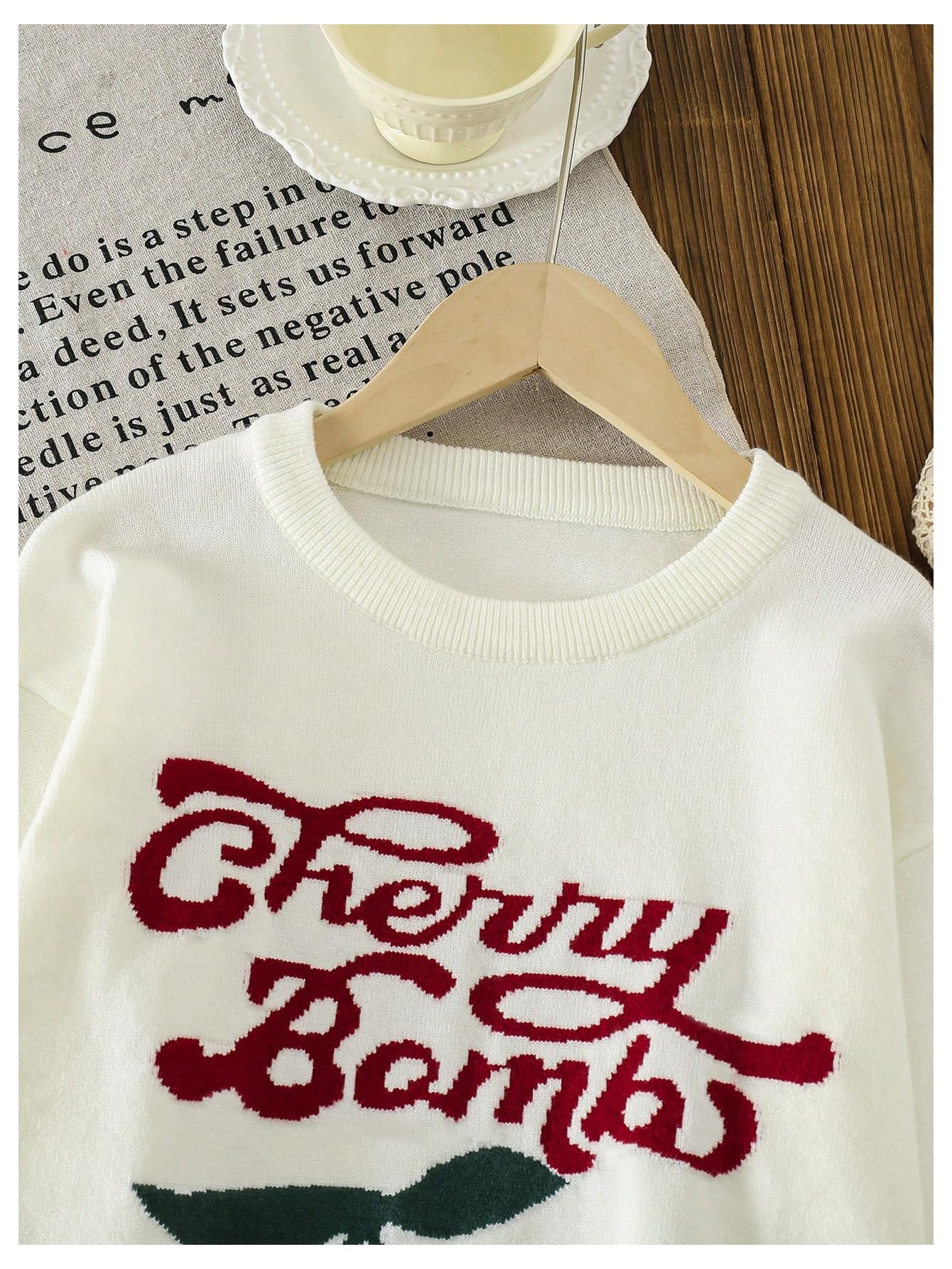 Girl's Cherry Pattern Knit Sweater Long Sleeve Crewneck Loose Pullover Tops