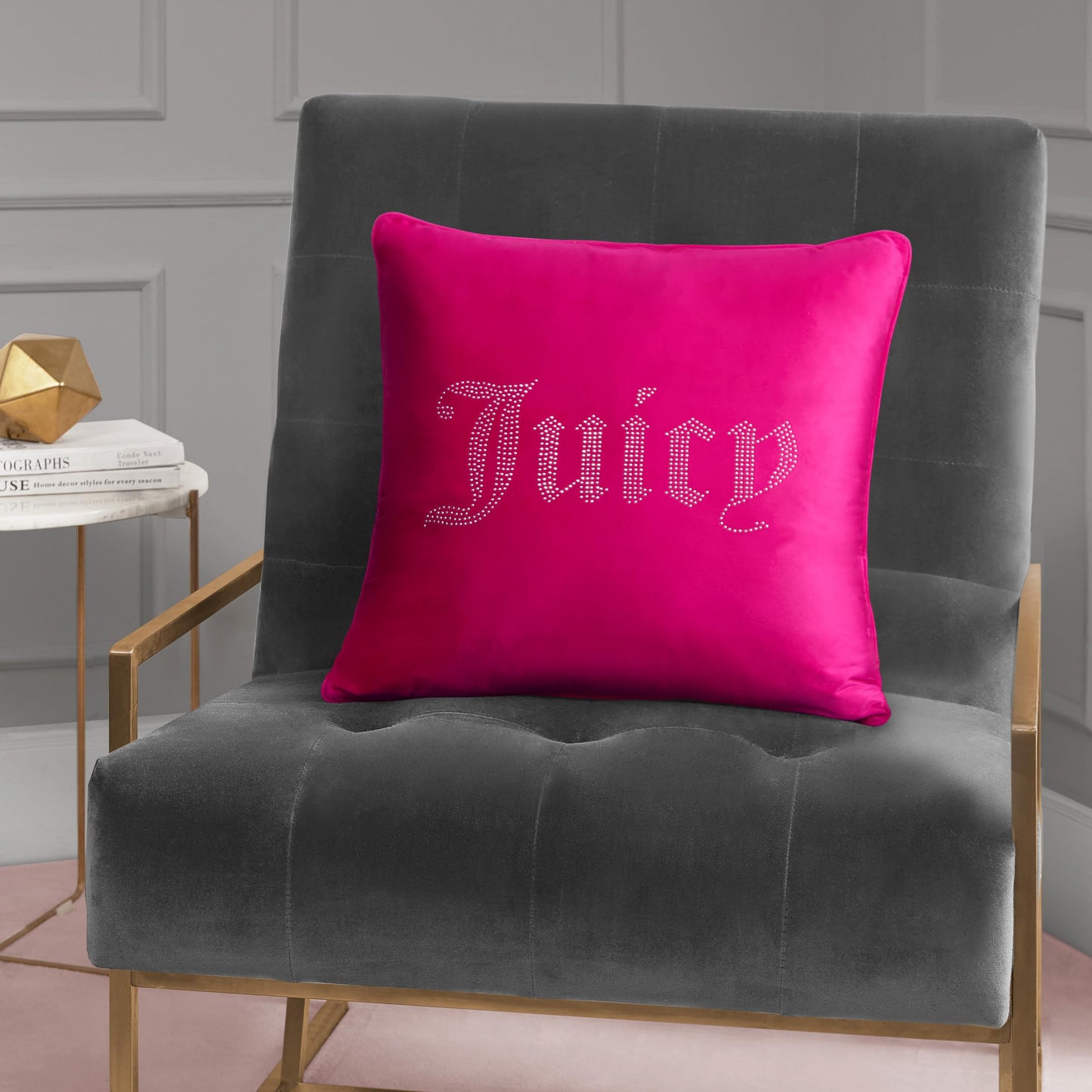 Juicy Couture - Decorative Accent Pillow, Velvet Rhinestone Crown, Premium Reversible Throw Pillow